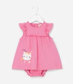 Vestido Body com Estampa Poá e Bordado Ursinha - Tam 0 a 18 Meses