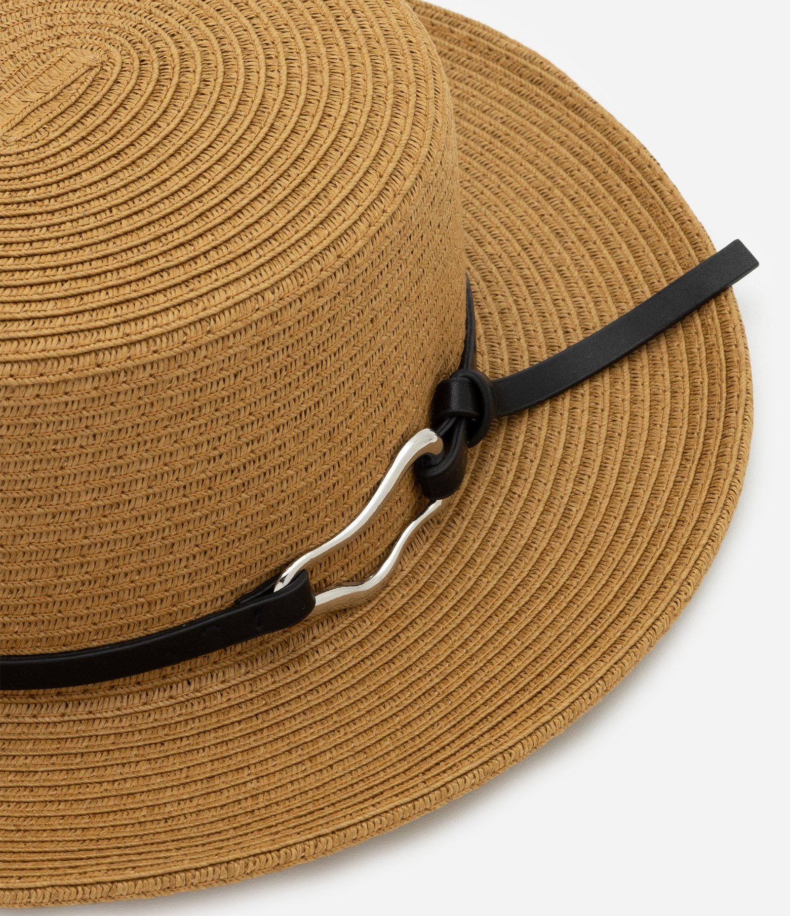 Chapéu de Palha com Cabeça Reta e Fita de PU Bege 3