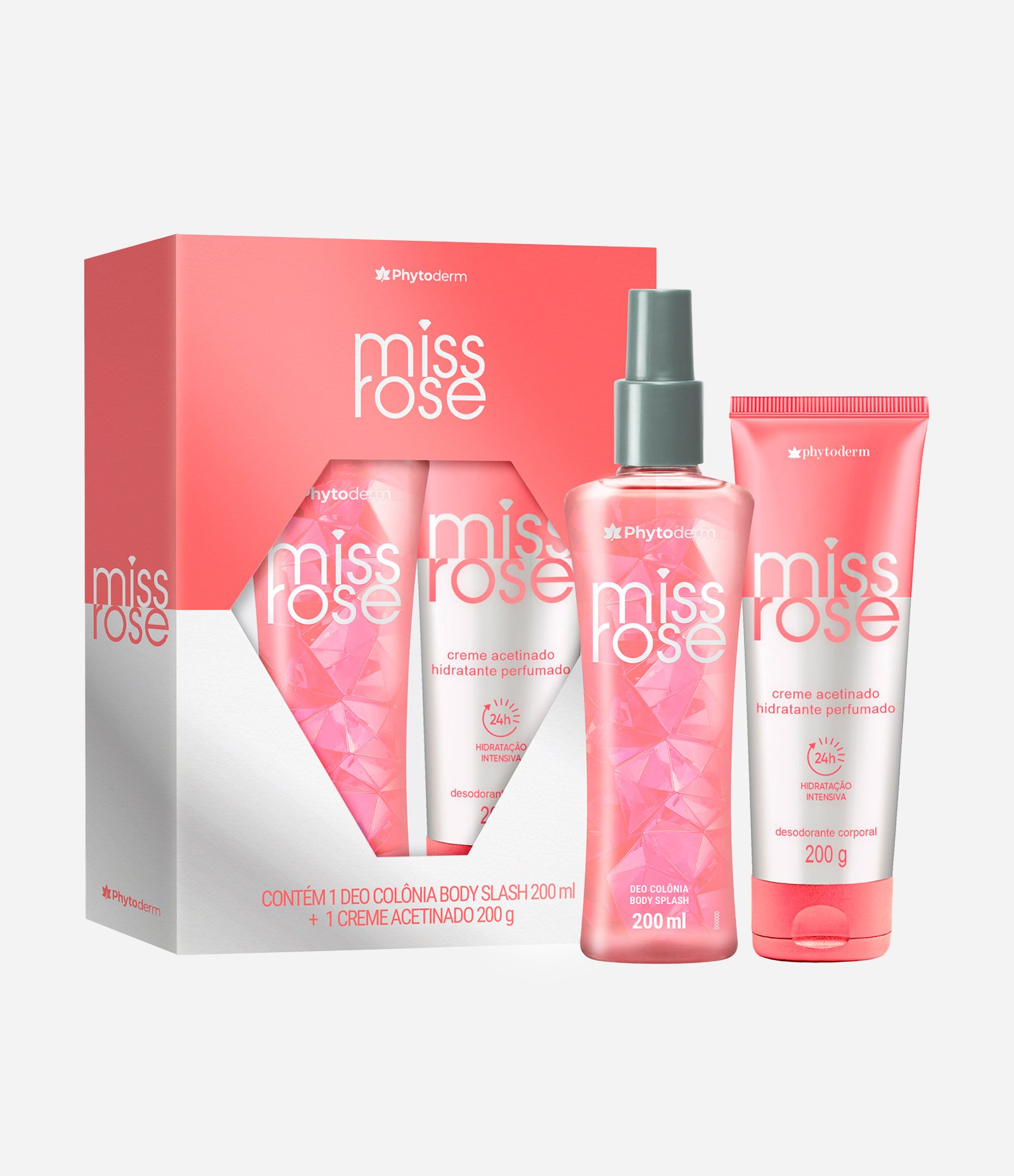 Kit Phytoderm Miss Rose Colônia Splash Feminino 200ml + Creme Acetinado 200g  KIT 1