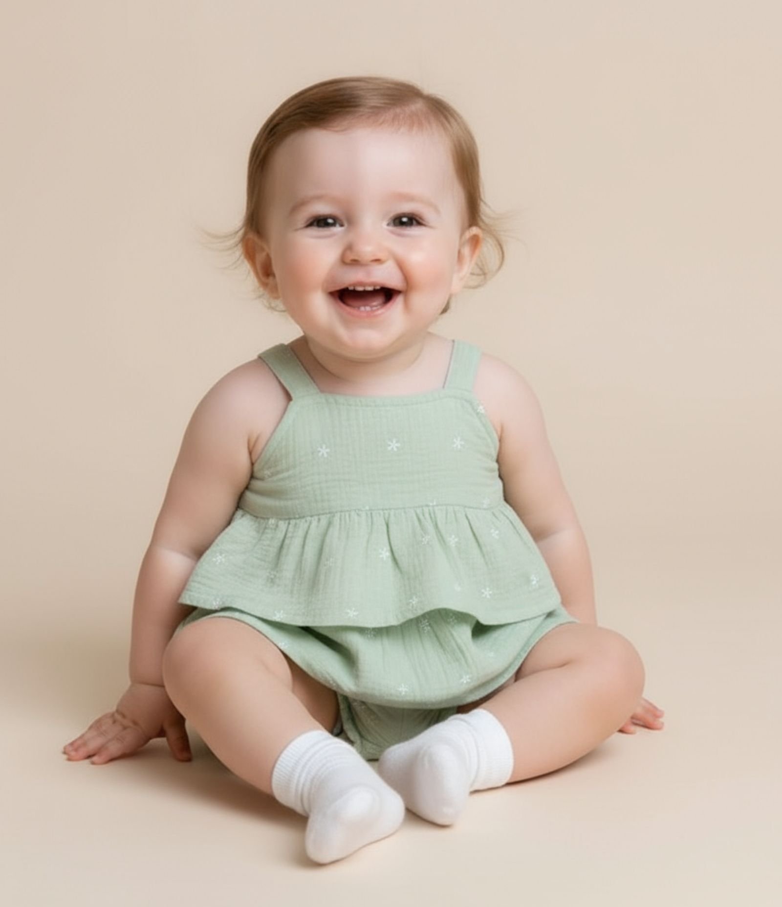 Conjunto Infantil em Tricoline com Bordado Floral - Tam 3 a 18 Meses Verde 1