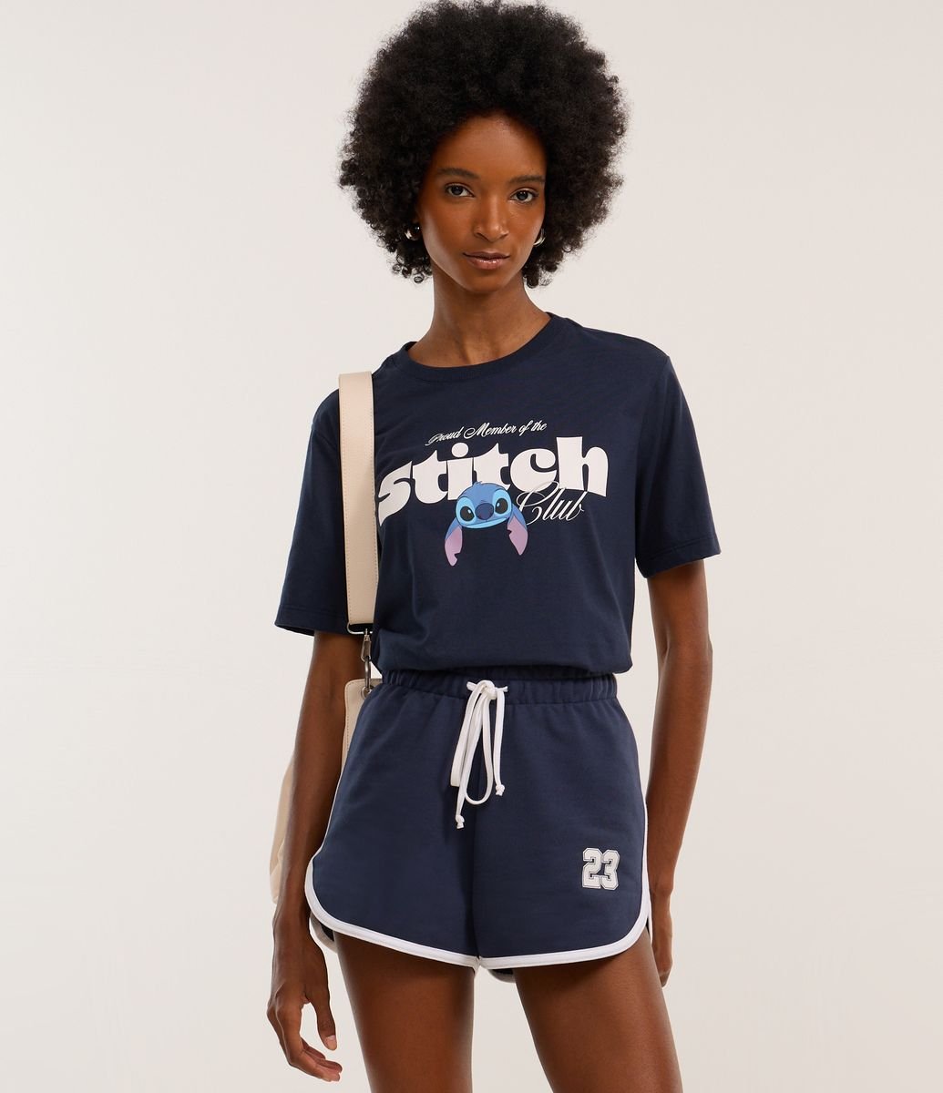 Camiseta em Algodão com Estampa Frente e Costas do Stitch Azul