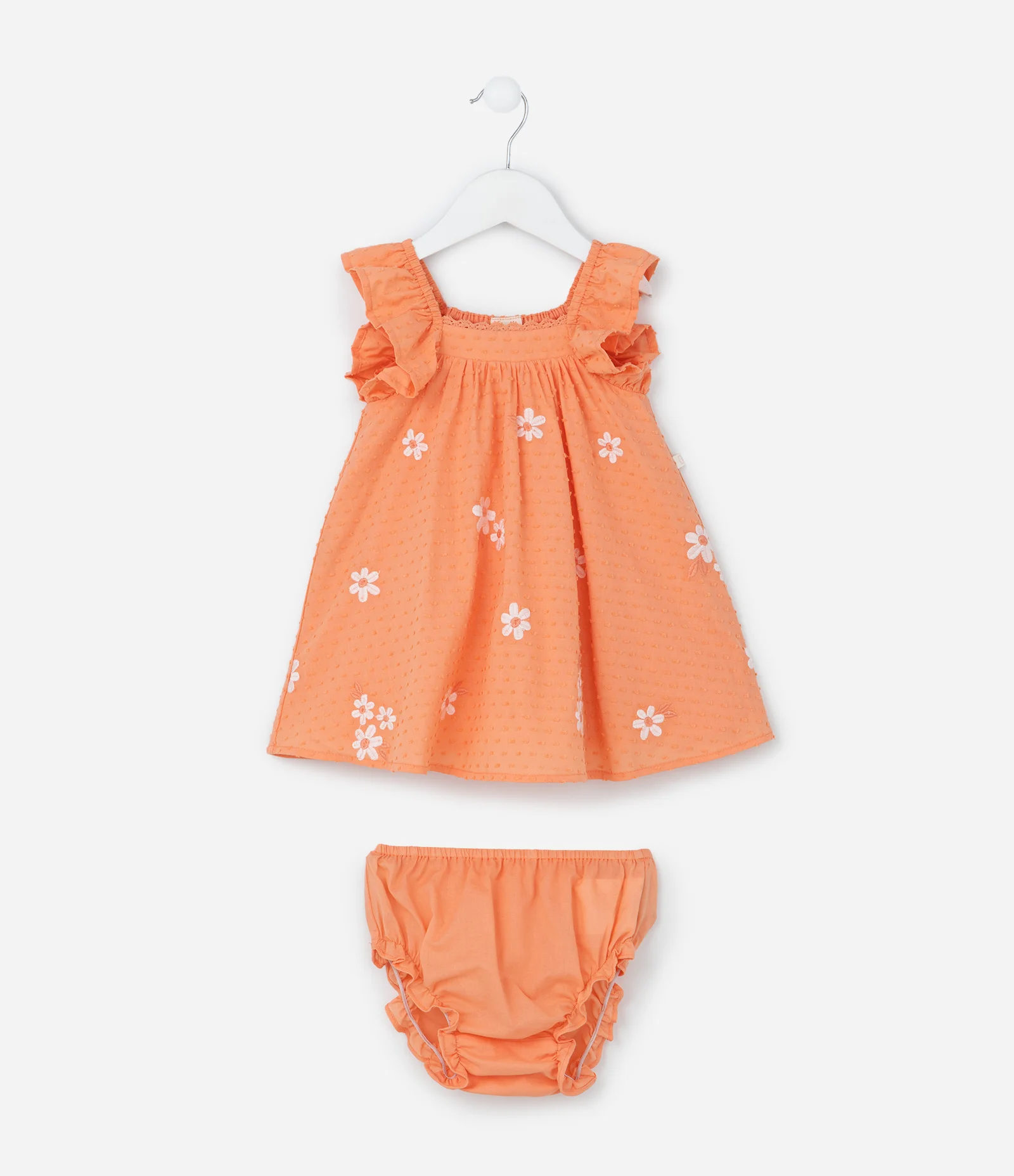 Vestido Infantil em Tricoline com Estampa Floral e Calcinha - Tam 3 a 18 Meses Laranja 1