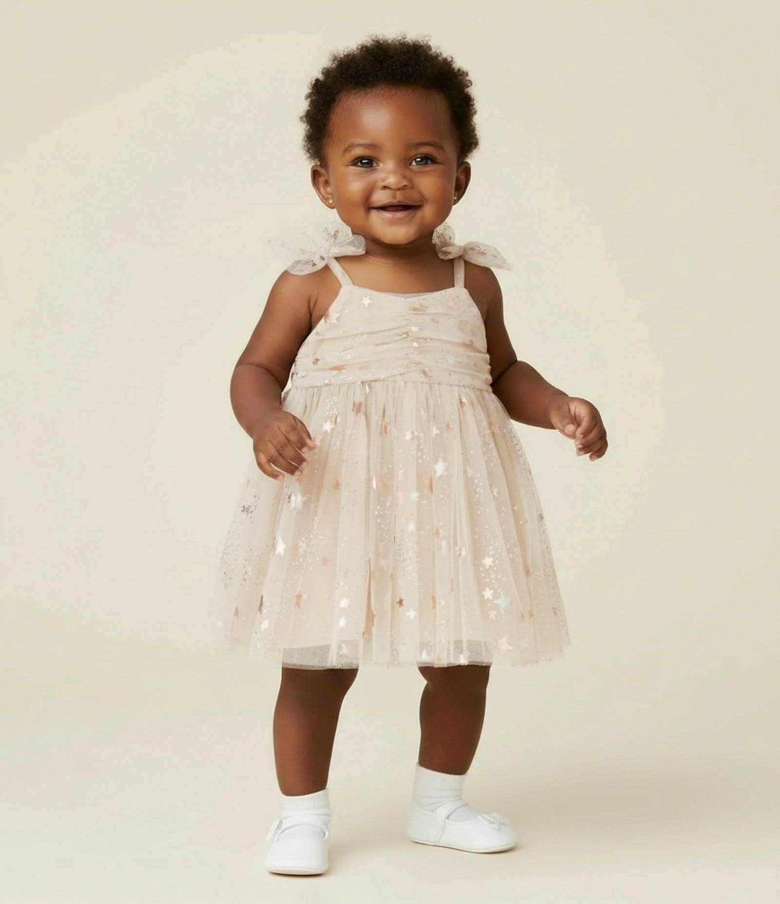 Vestido Infantil com Tule de Estrelas e Calcinha - Tam 3 a 18 Meses Bege 1