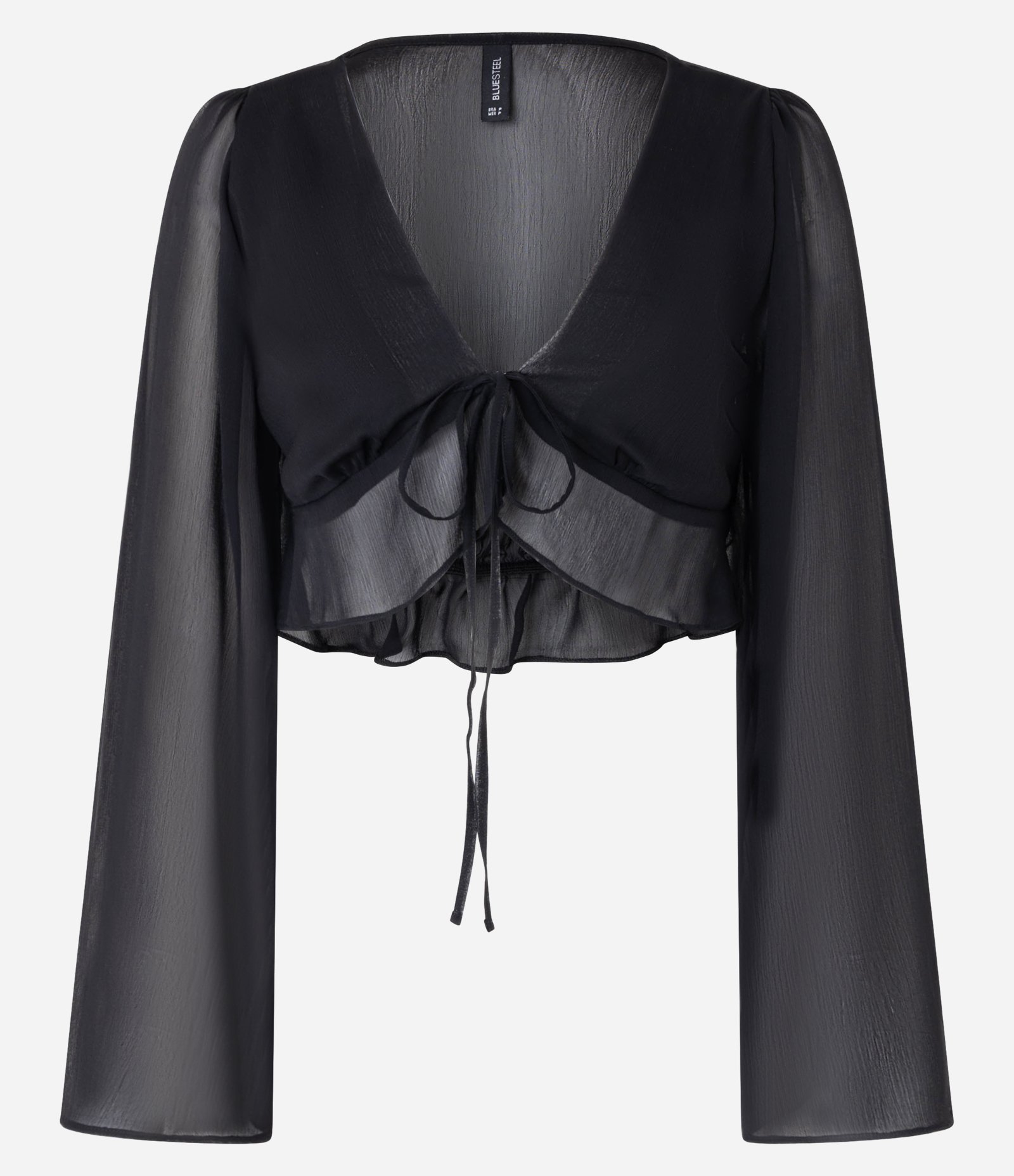 Blusa Cropped em Chiffon com Manga Sino e Amarração no Busto Preto 5