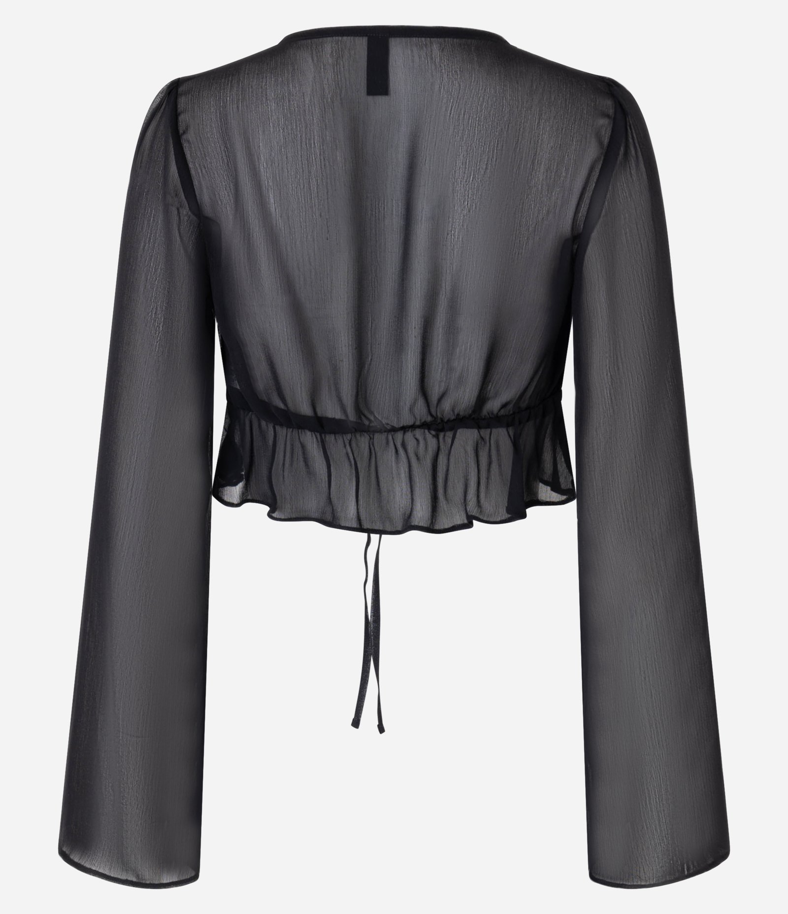 Blusa Cropped em Chiffon com Manga Sino e Amarração no Busto Preto 7