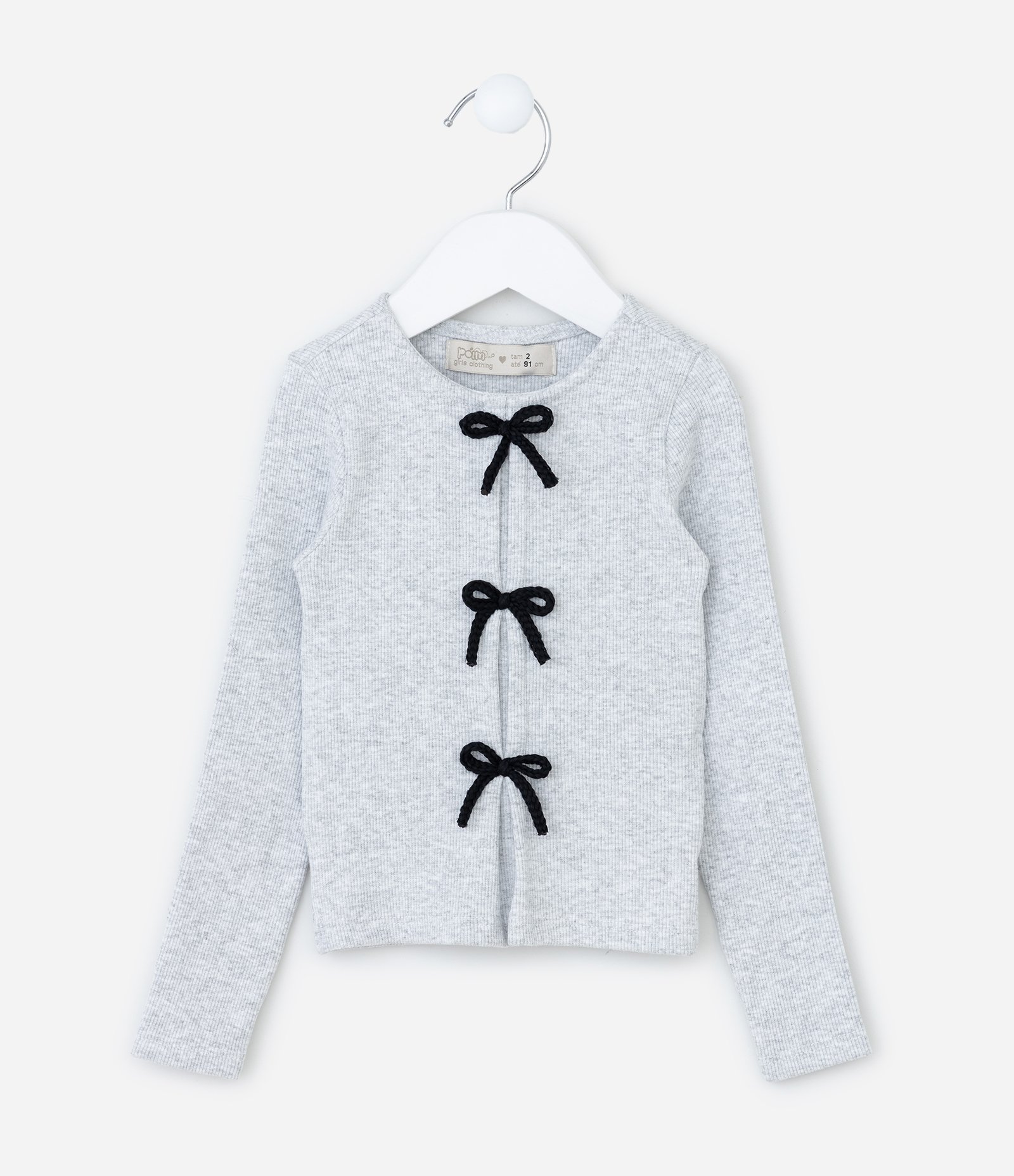 Blusa Infantil em Ribana com Lacinhos Contrastantes - Tam 1 a 6 Anos Cinza 1