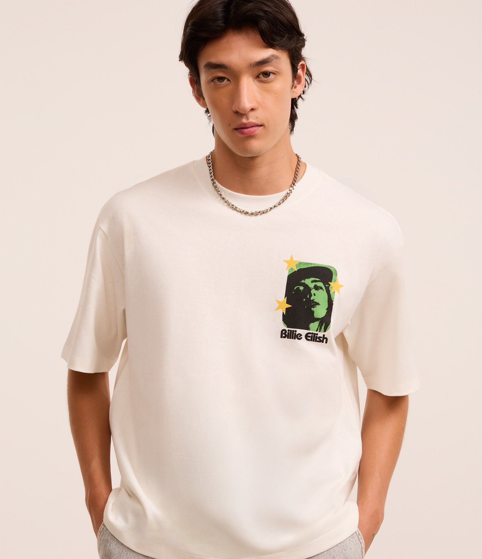 Camiseta Boxy em Malhão com Estampa Billie Eilish Off White 1
