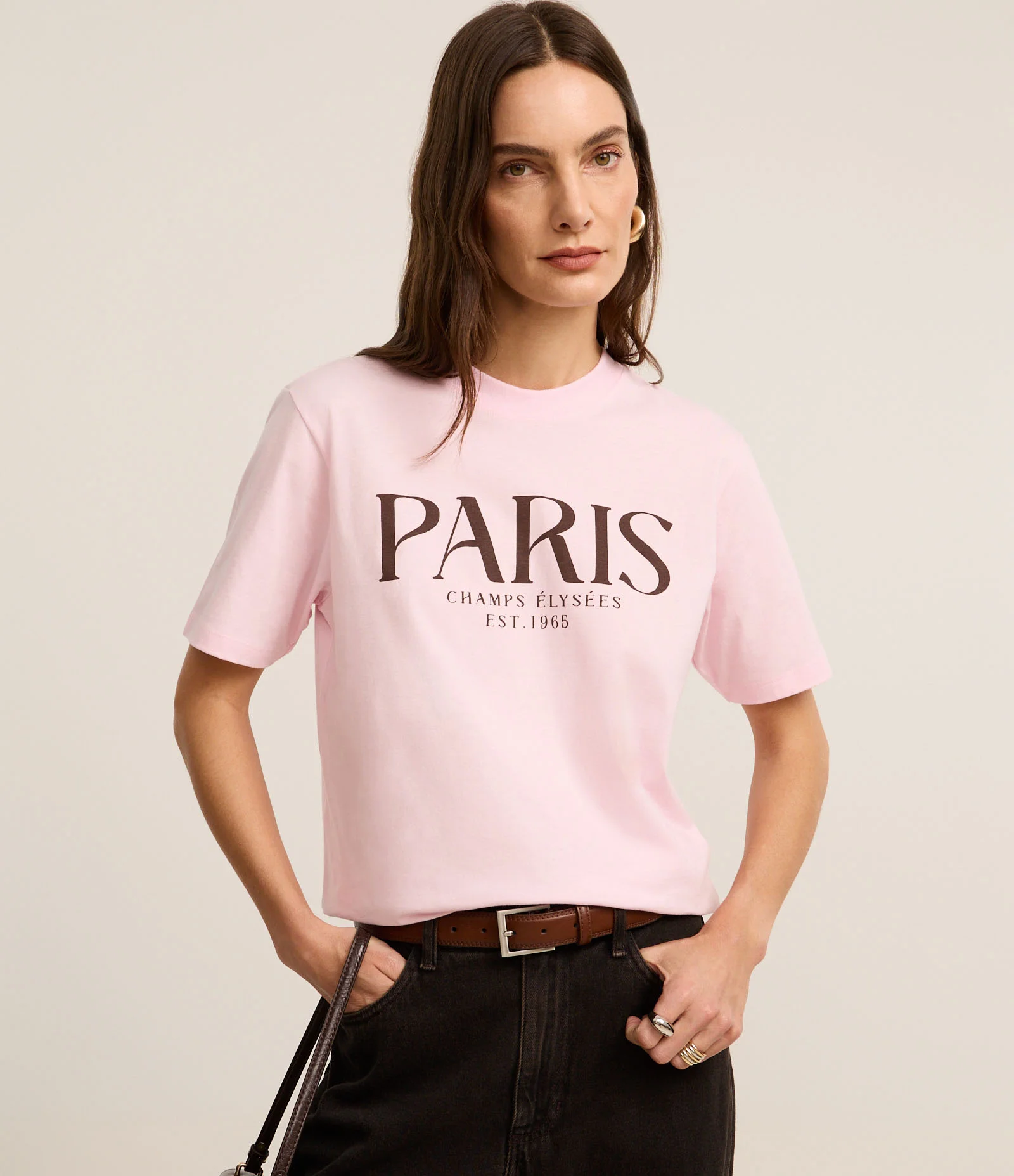 Camiseta Alongada em Algodão com Estampa Paris Rosa 1
