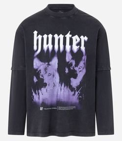 Camiseta Relaxed em Algodão com Manga Sobreposta e Estampa de Lobos Hunter