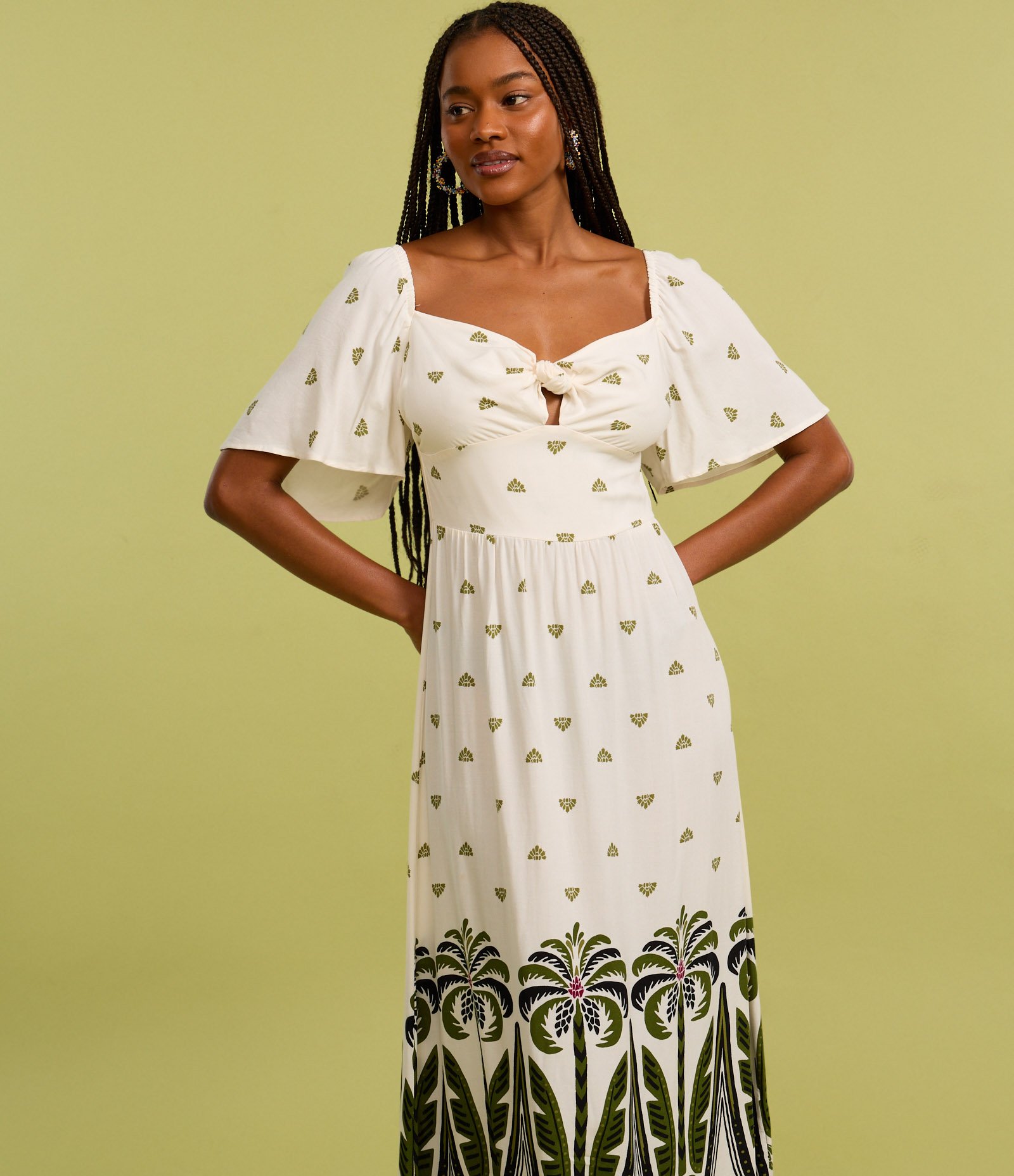 Vestido Long Midi em Viscose com Lastex e Estampa de Coqueiros Branco 5