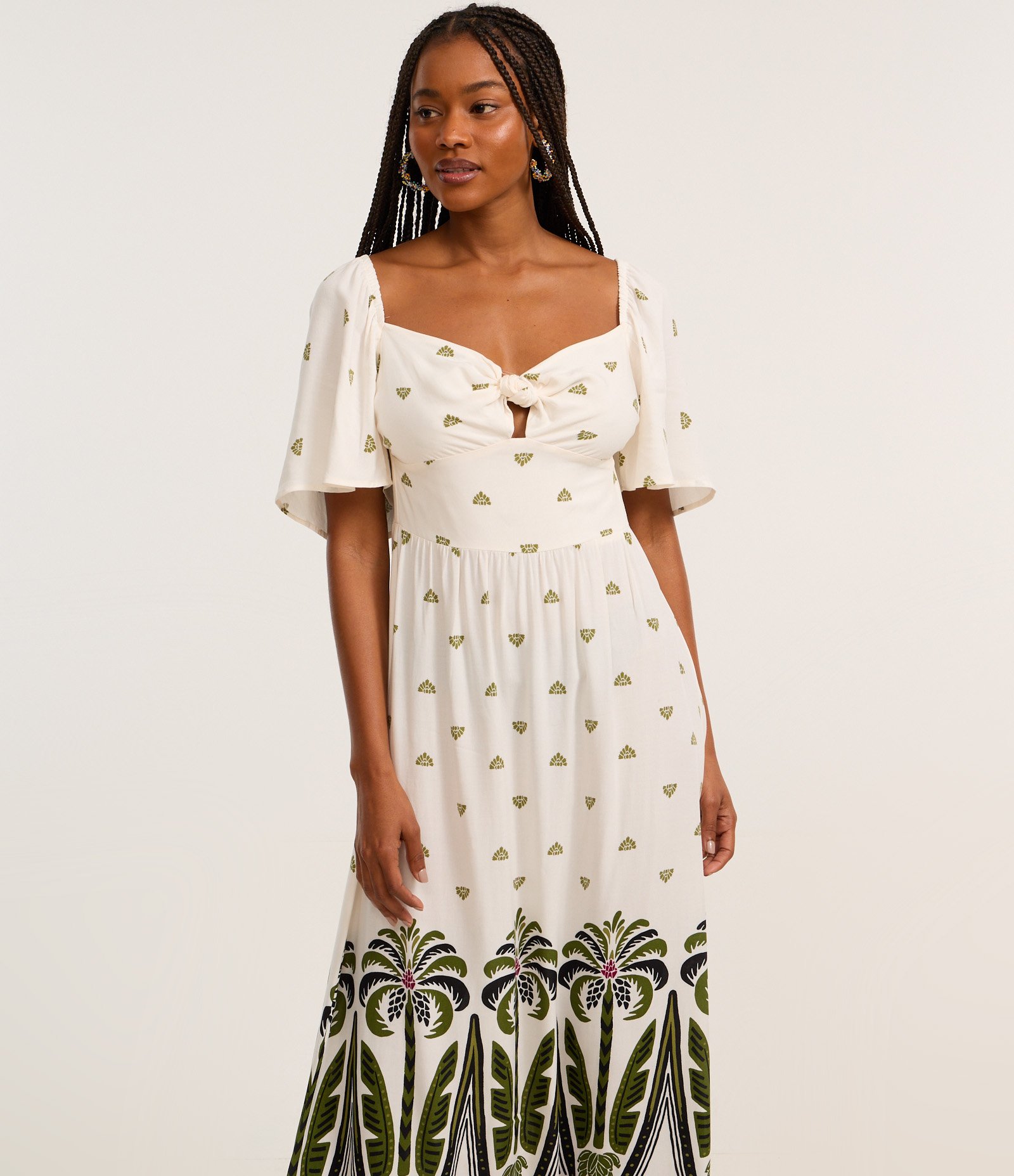 Vestido Long Midi em Viscose com Lastex e Estampa de Coqueiros Branco 2