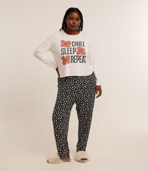 Pijama Longo com Manga Jogger Estampa Lettering e Poá Curve & Plus Size