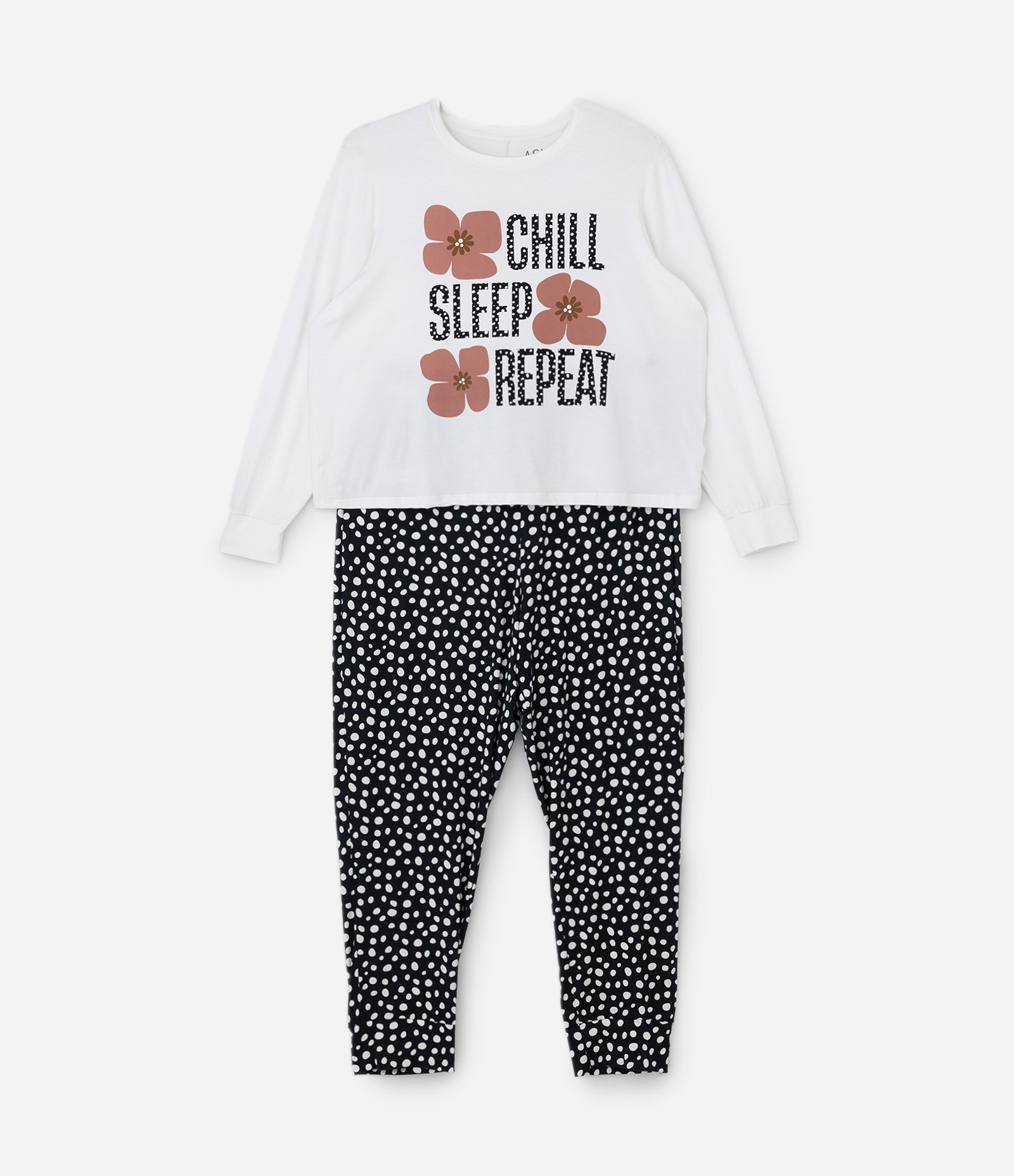 Pijama Longo com Manga Jogger Estampa Lettering e Poá Curve & Plus Size Branco/Preto 5