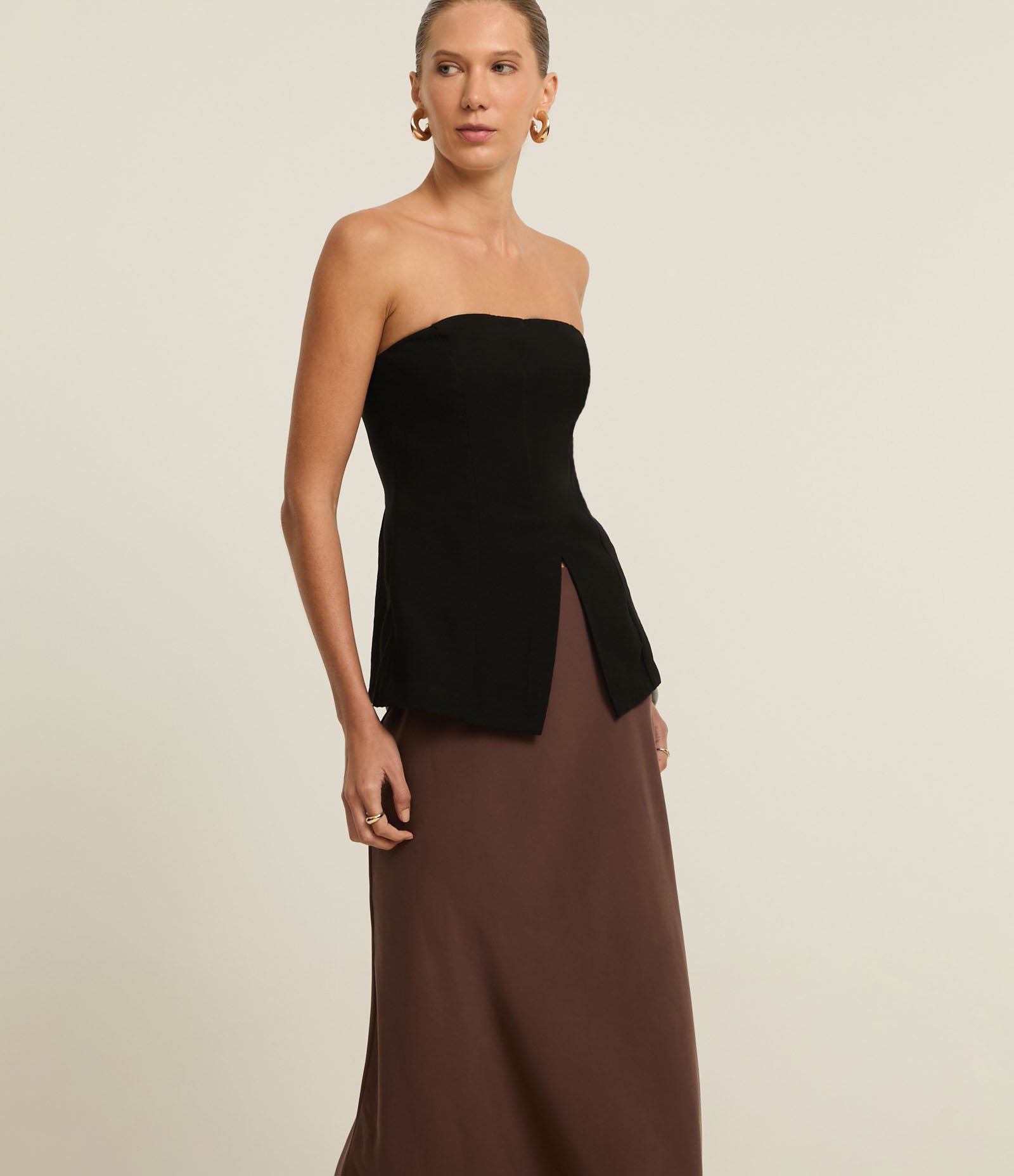 Saia Slip Longa em Cupro com cós Alfaiatado Marrom 2