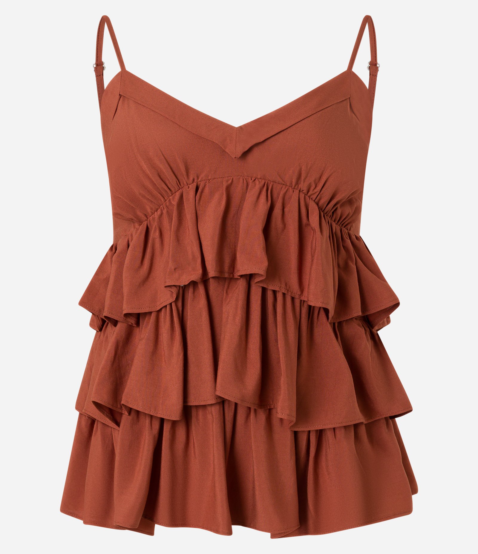 Blusa de Alça em Viscose com Babados Sobrepostos Marrom 5