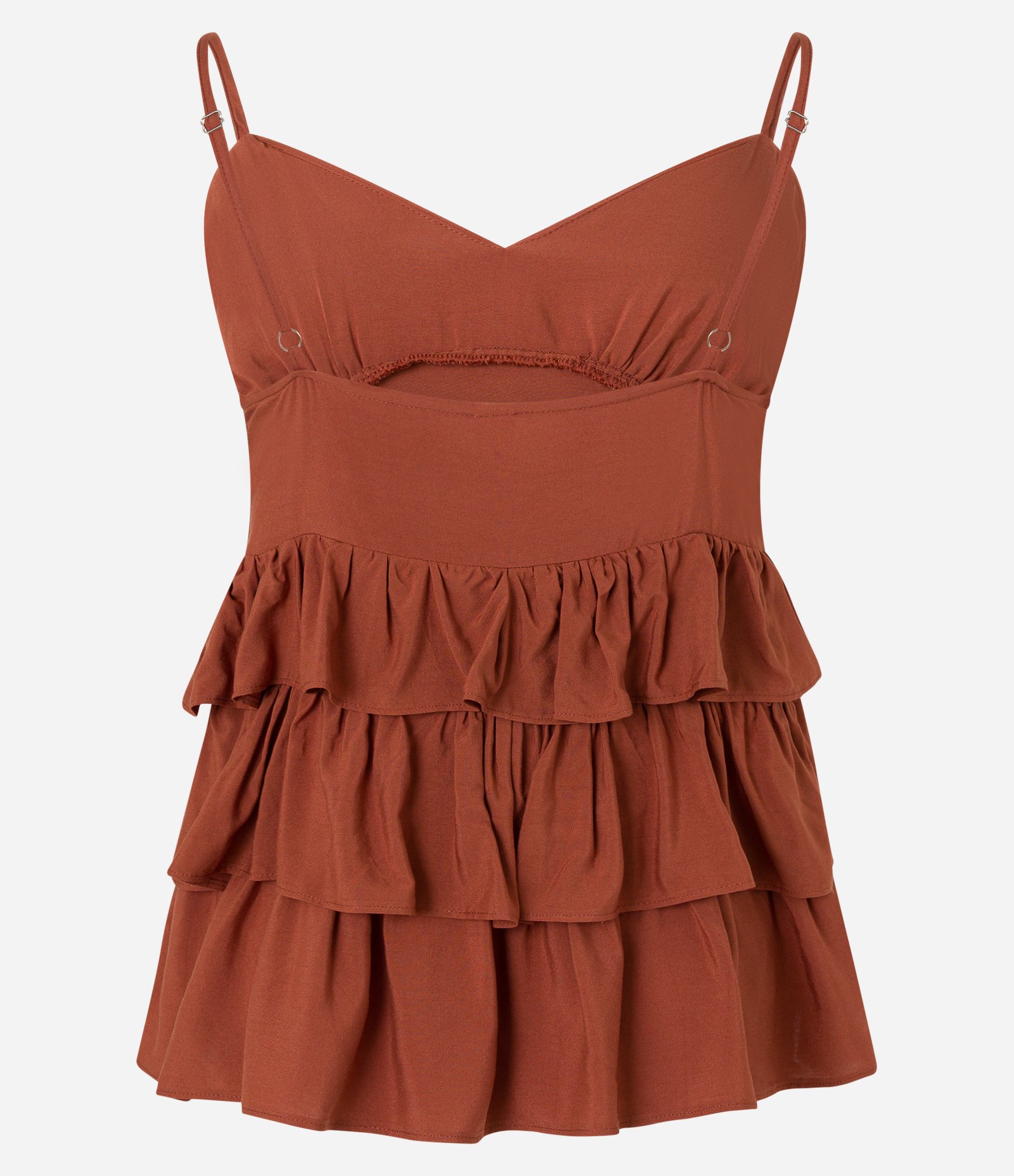 Blusa de Alça em Viscose com Babados Sobrepostos Marrom 6