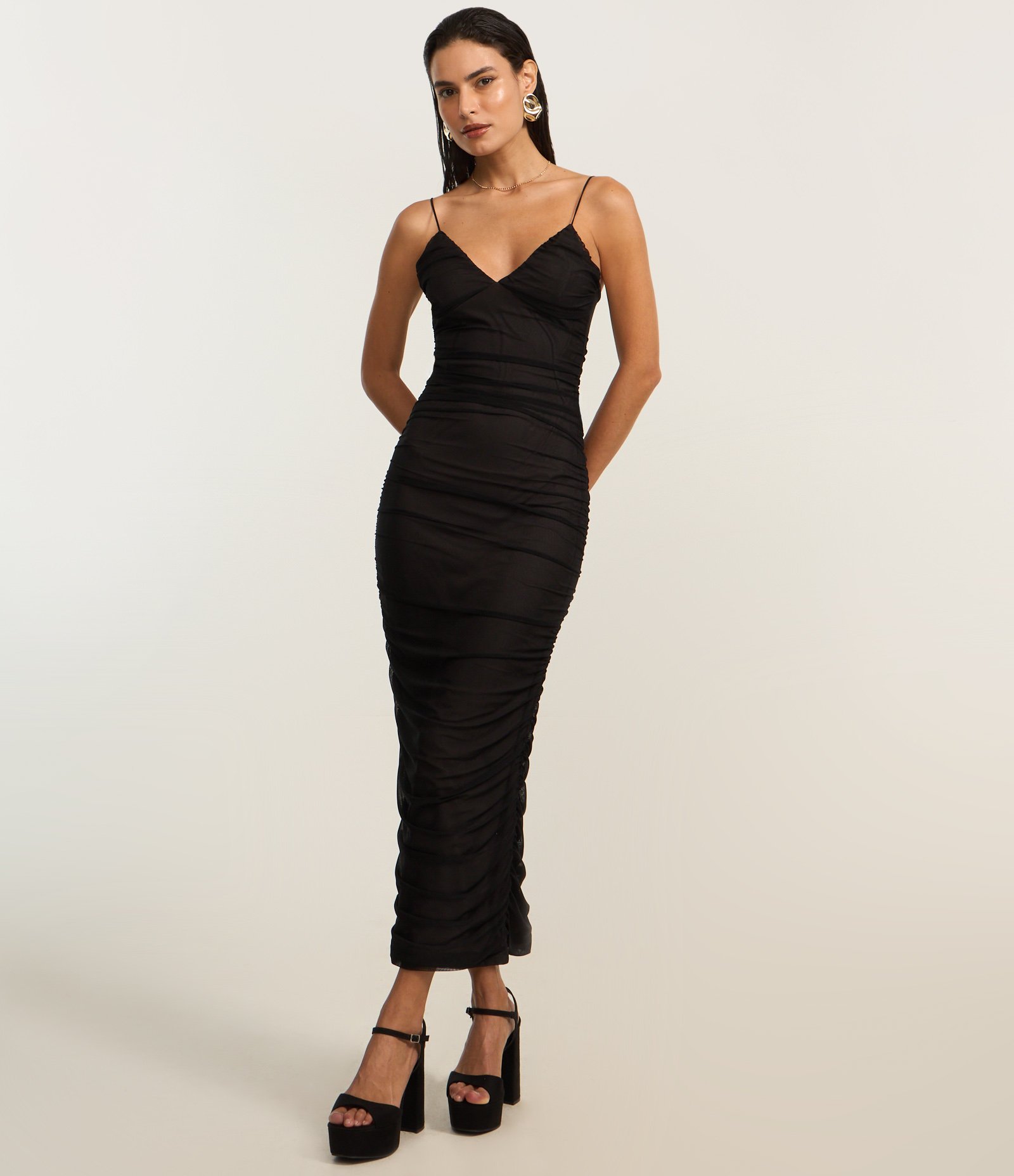 Vestido New Midi em Tule com Alcinhas Finas e Drapeado Preto 1