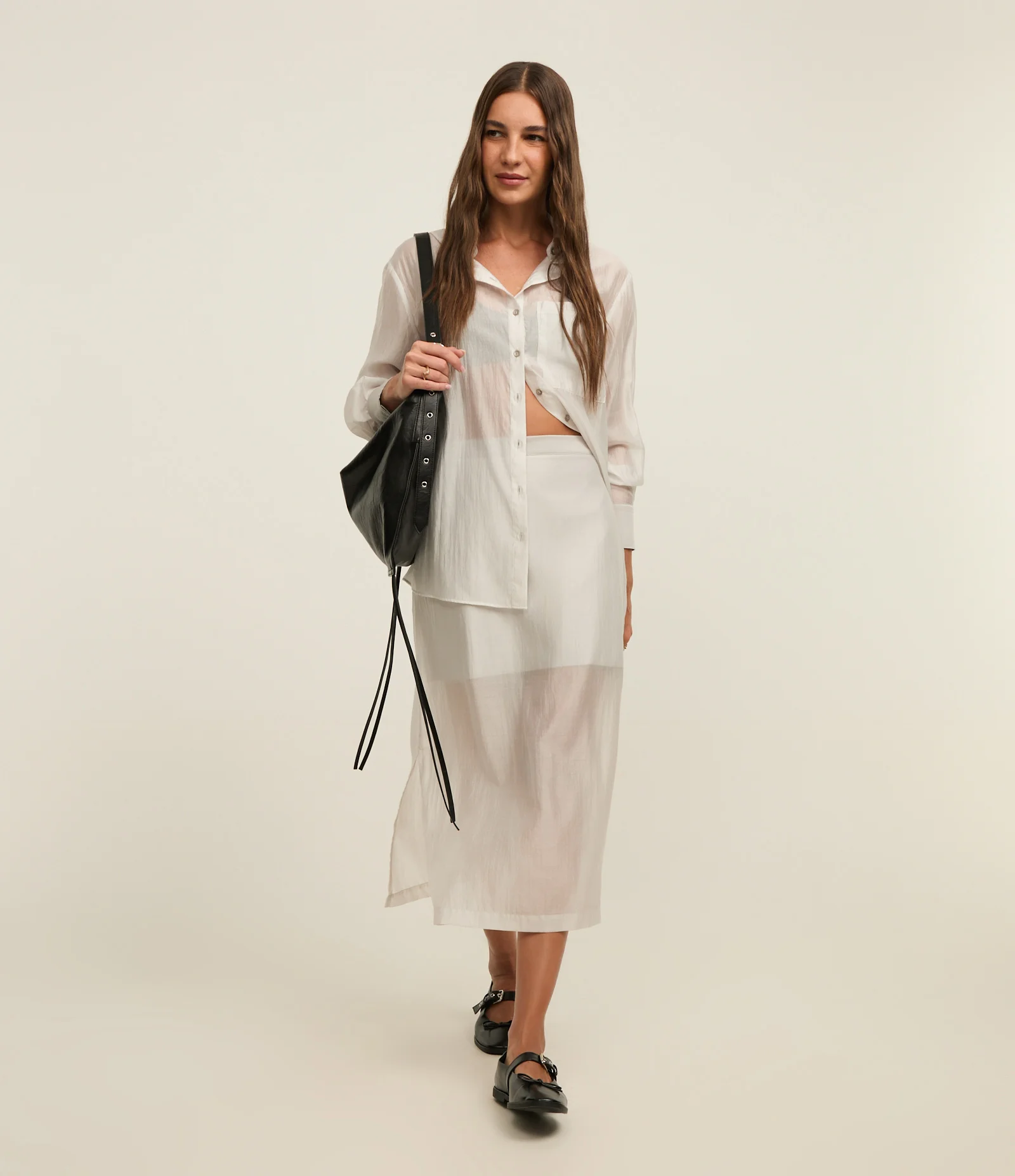 Saia Midi em Chiffon com Transparência e Forro Curto Gelo 2