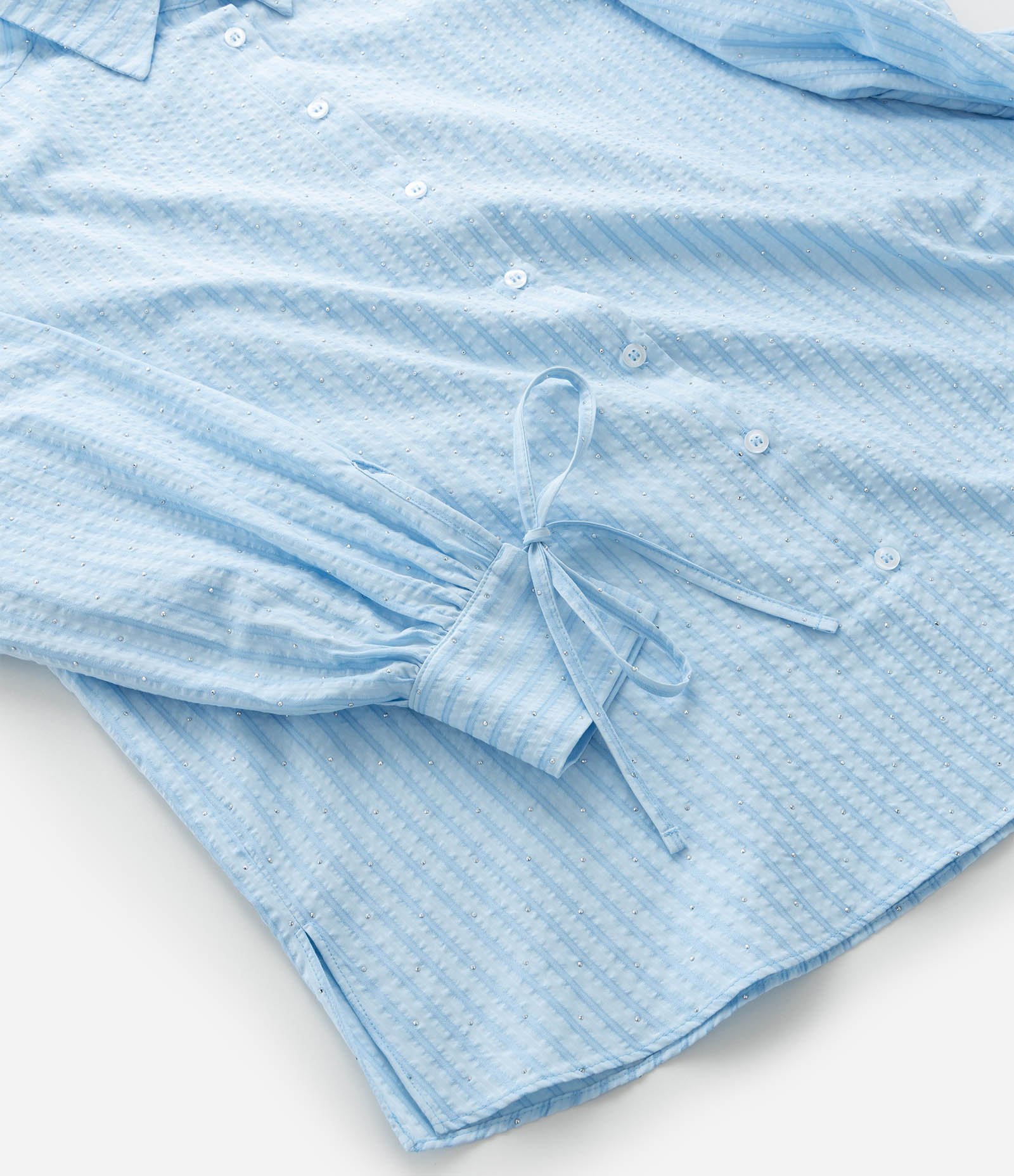 Camisa Listrada com Brilhos e Amarração no Punho Curve & Plus Size Azul 8