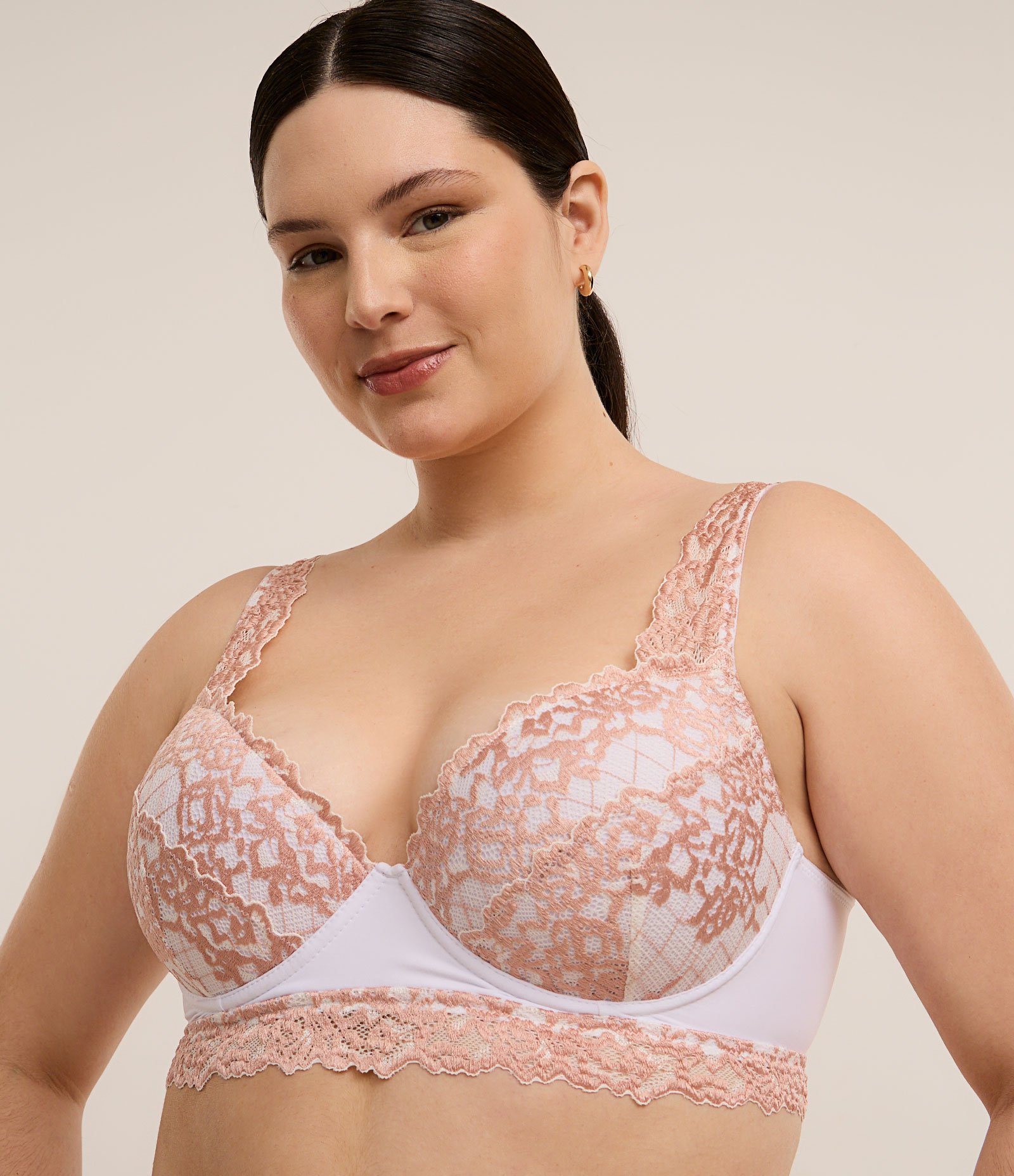 Sutiã Base com Bojo e Renda Floral Bicolor Curve & Plus Size Branco/Rosa 1