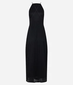 Vestido New Midi com Textura Furadinha e Costas Abertas