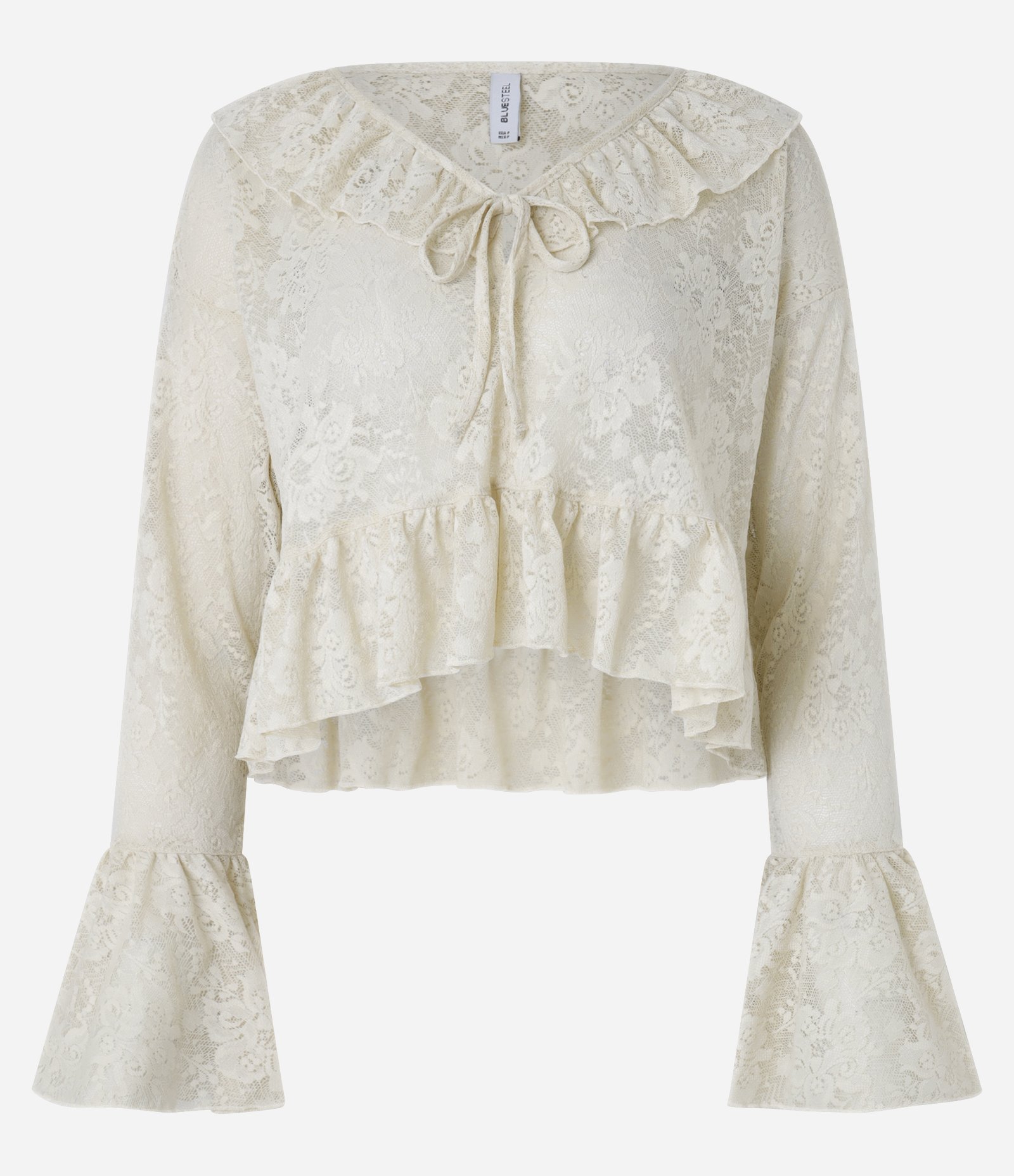 Blusa Bata em Renda com Babado e Amarração na Gola Bege 7