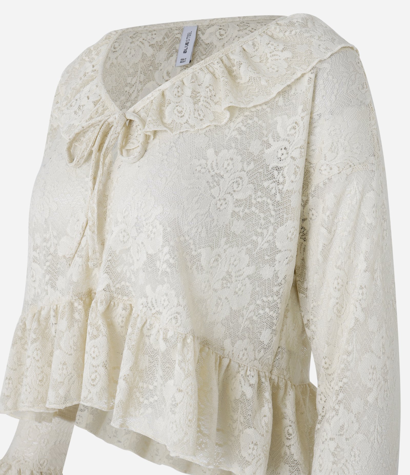 Blusa Bata em Renda com Babado e Amarração na Gola Bege 8