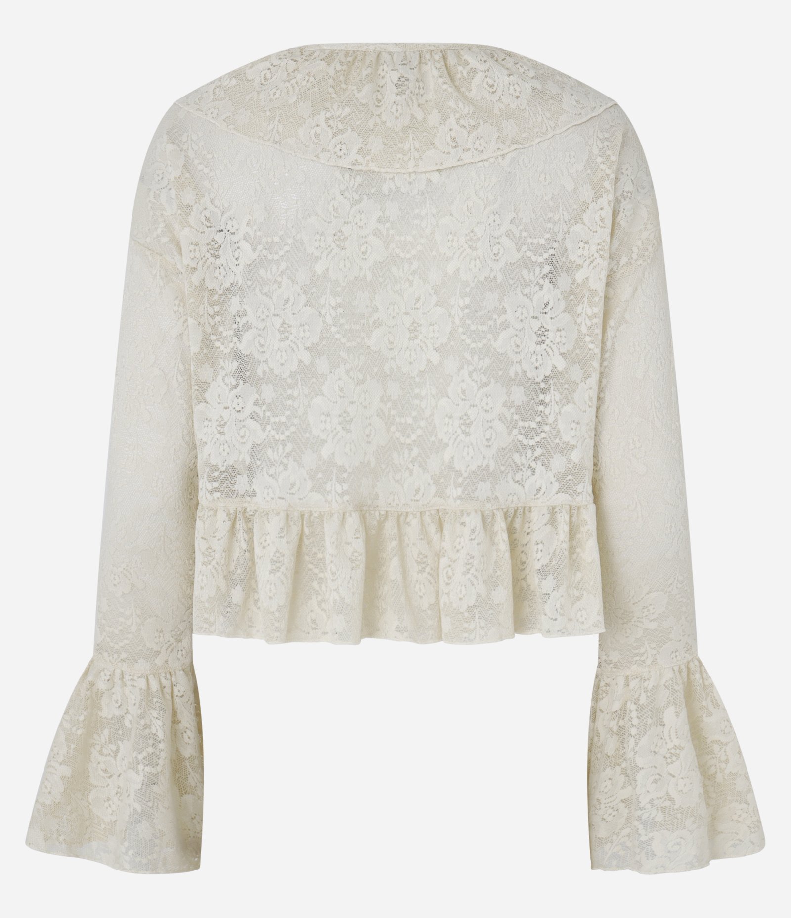 Blusa Bata em Renda com Babado e Amarração na Gola Bege 9