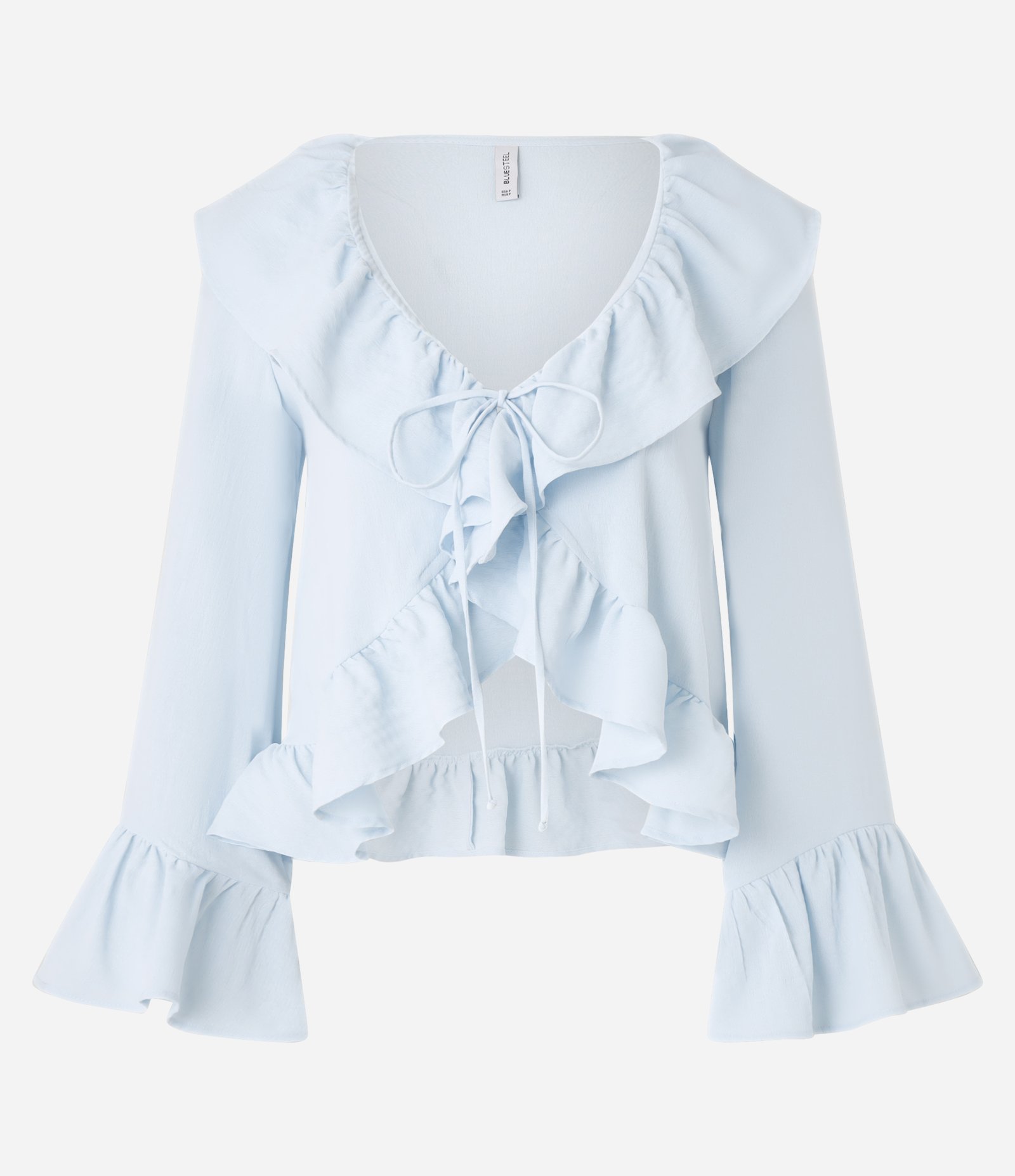 Blusa Bata em Crepe com Babado e Amarração Frontal Azul 6