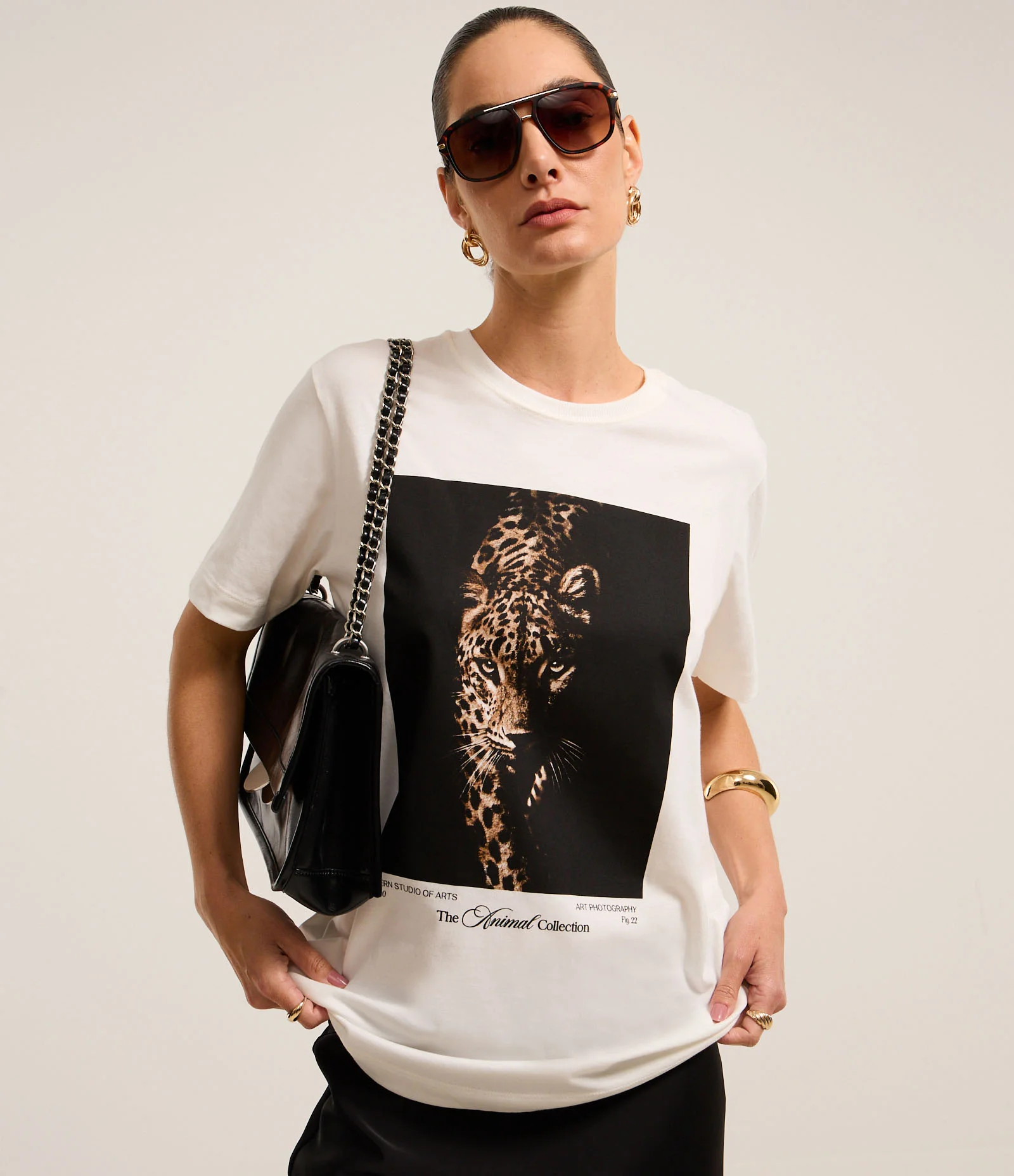 Camiseta em Algodão com Estampa Onça Fotoprint Branco 1