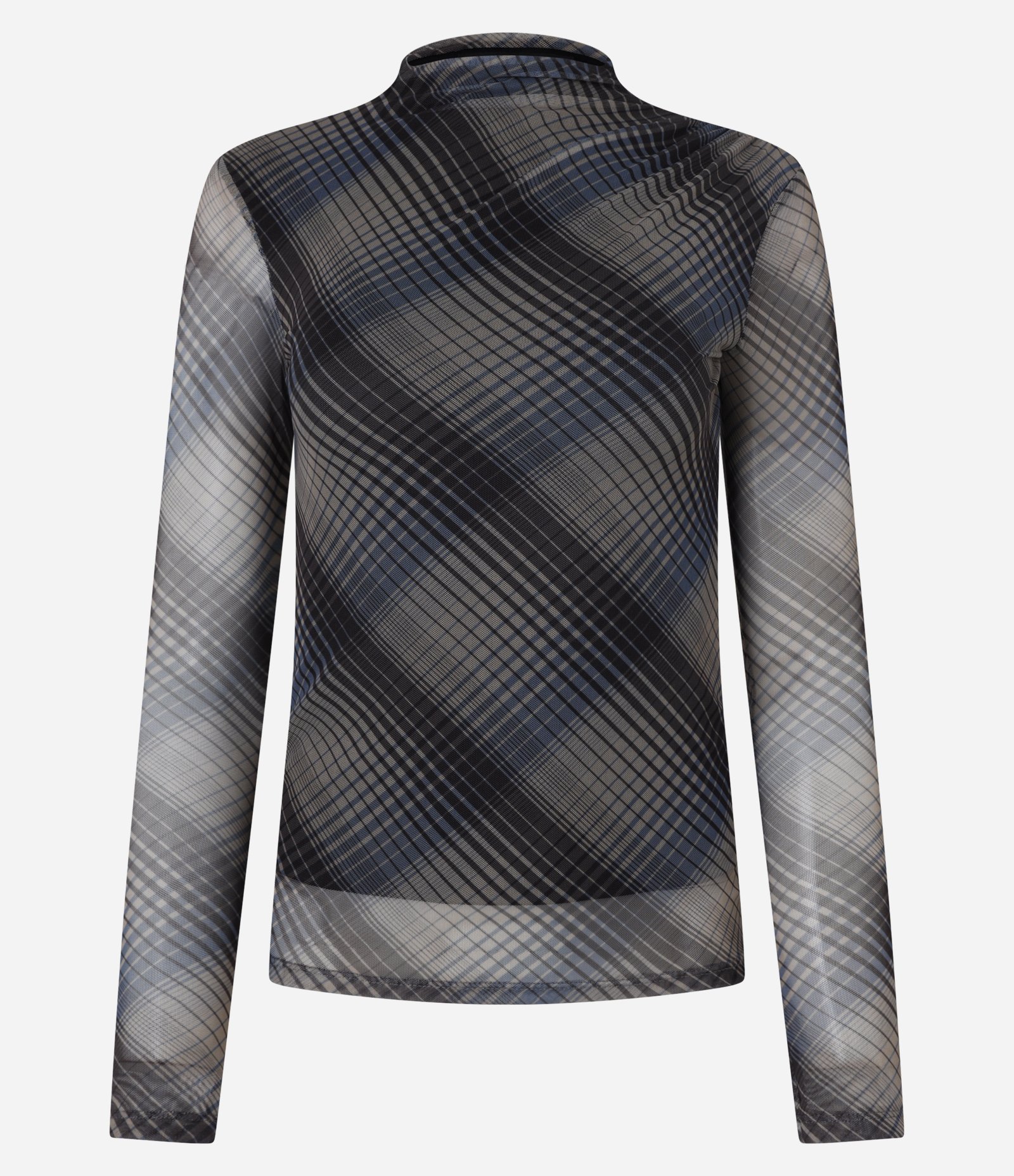Blusa em Tule com Gola Alta e Estampa Xadrez Cinza/Preto/Azul 8