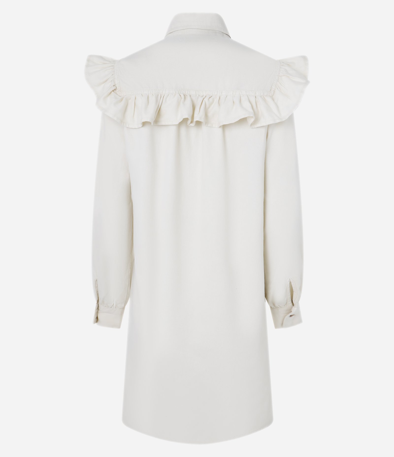 Vestido Curto em Jeans com Babado nos Ombros e Botões Bege 4