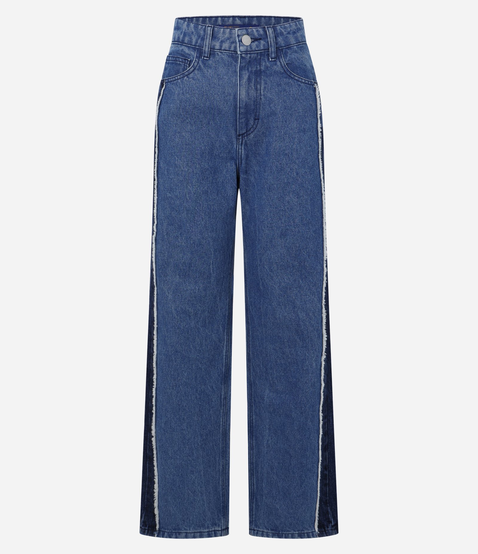 Calça Reta em Jeans com Viés Contrastante e Detalhe Desfiado Azul Médio 6