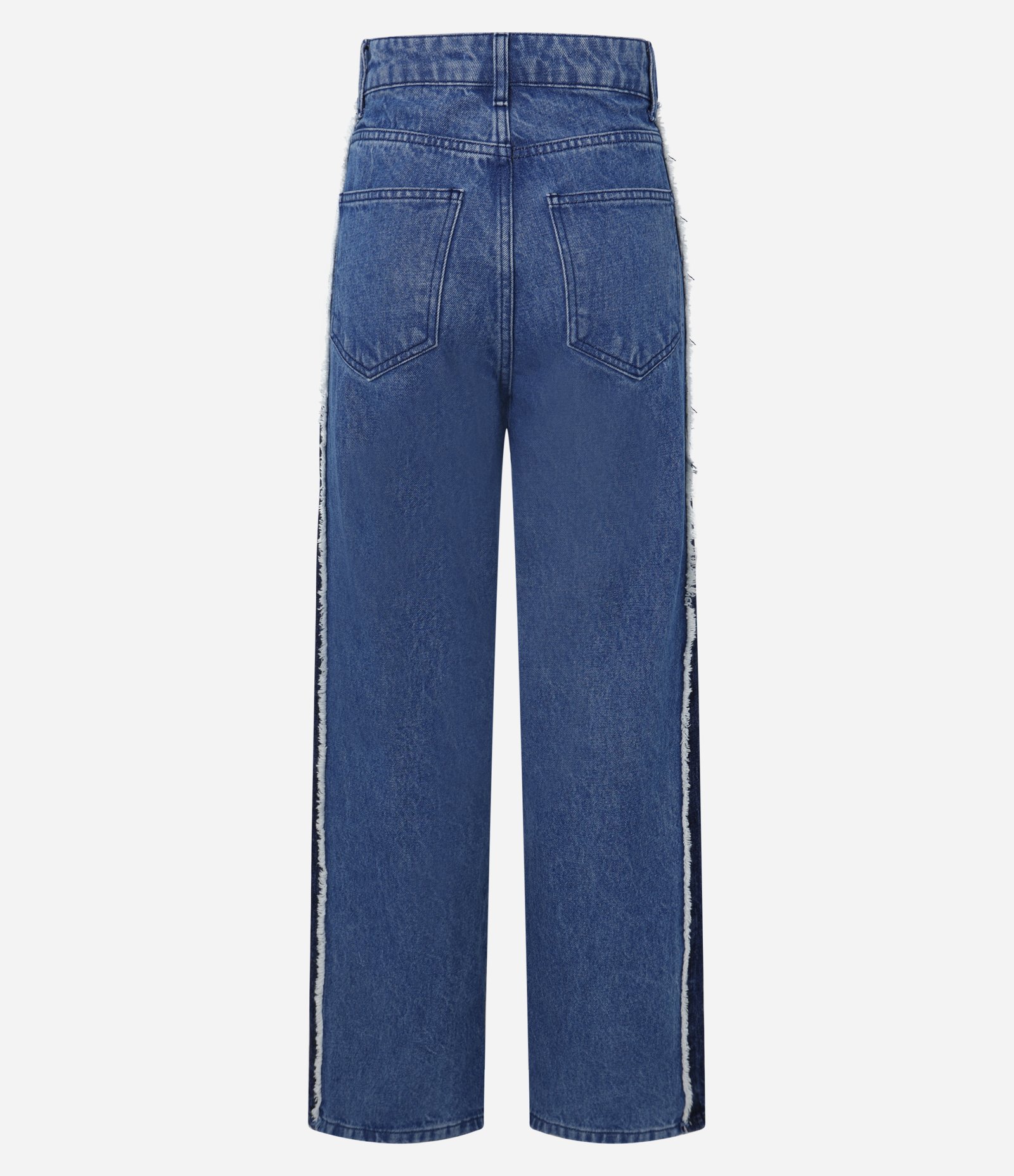 Calça Reta em Jeans com Viés Contrastante e Detalhe Desfiado Azul Médio 7