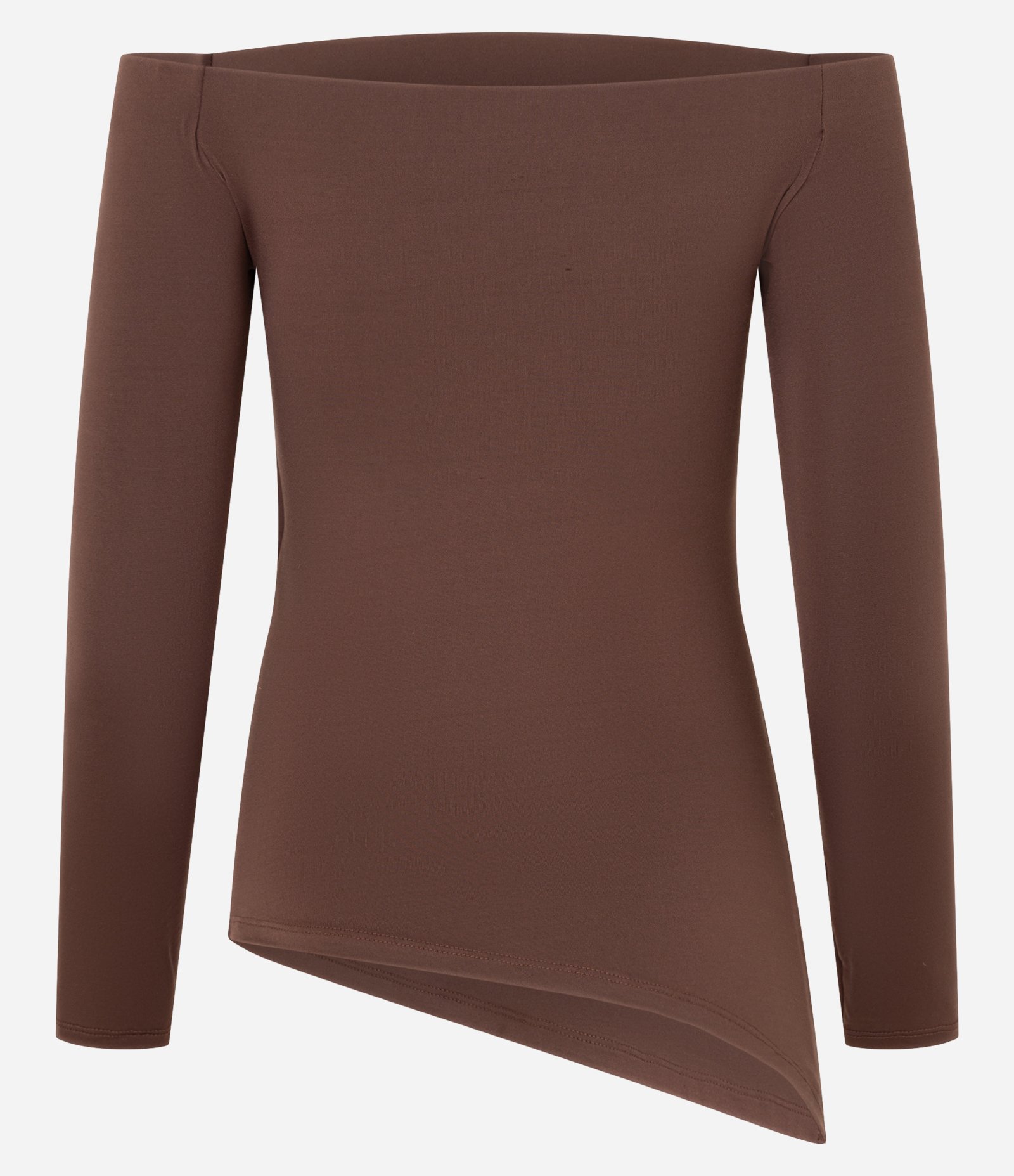 Blusa em Ribana Ombro a Ombro com Fenda Lateral Marrom 7