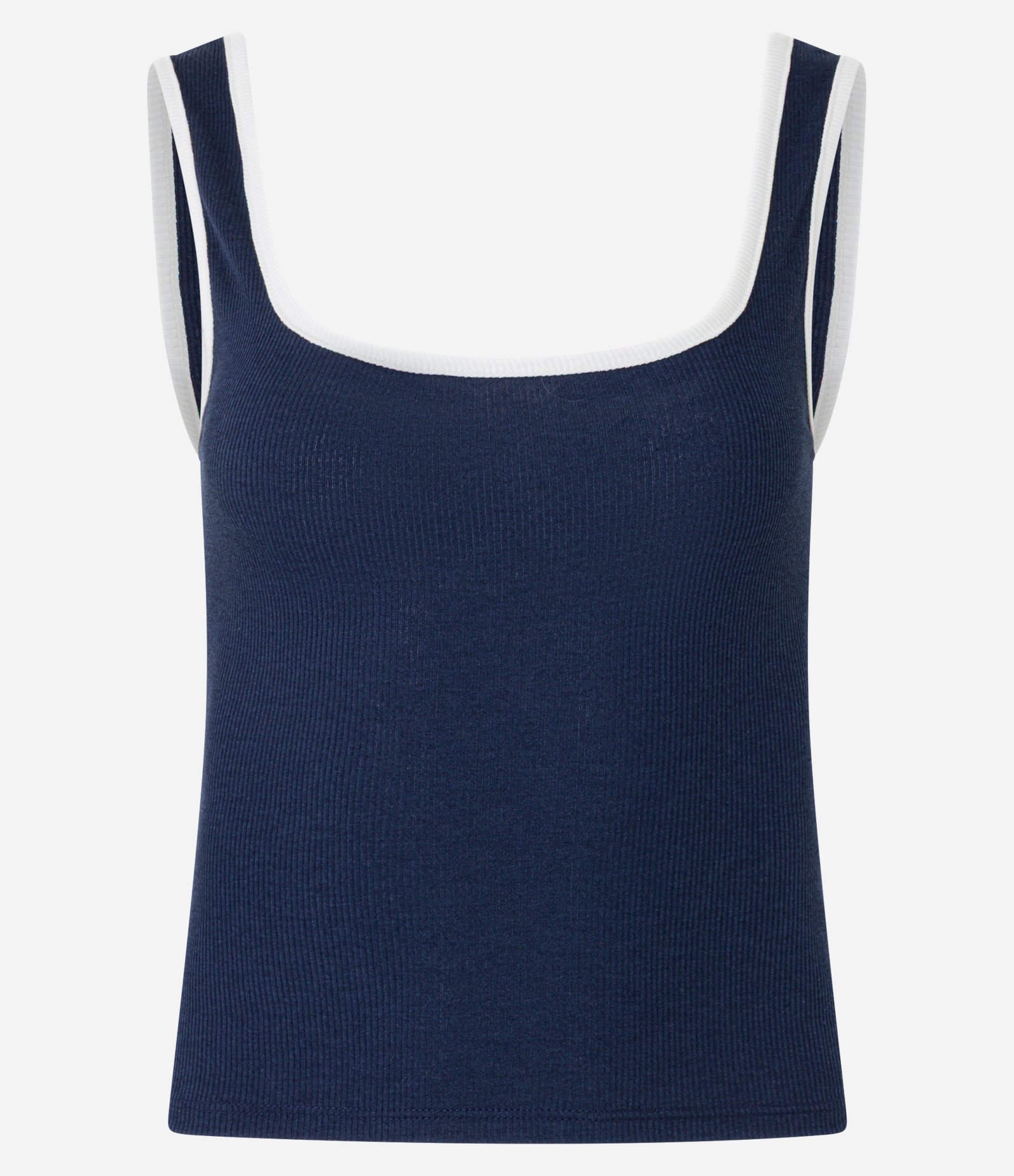 Blusa Regata em Ribana com Acabamento Contrastante Azul Marinho 4