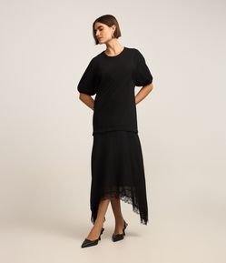 Vestido Midi em Moletinho com Manga Bufante e Saia em Chiffon