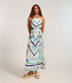Vestido New Midi com Cava Americana e Estampa Fundo do Mar