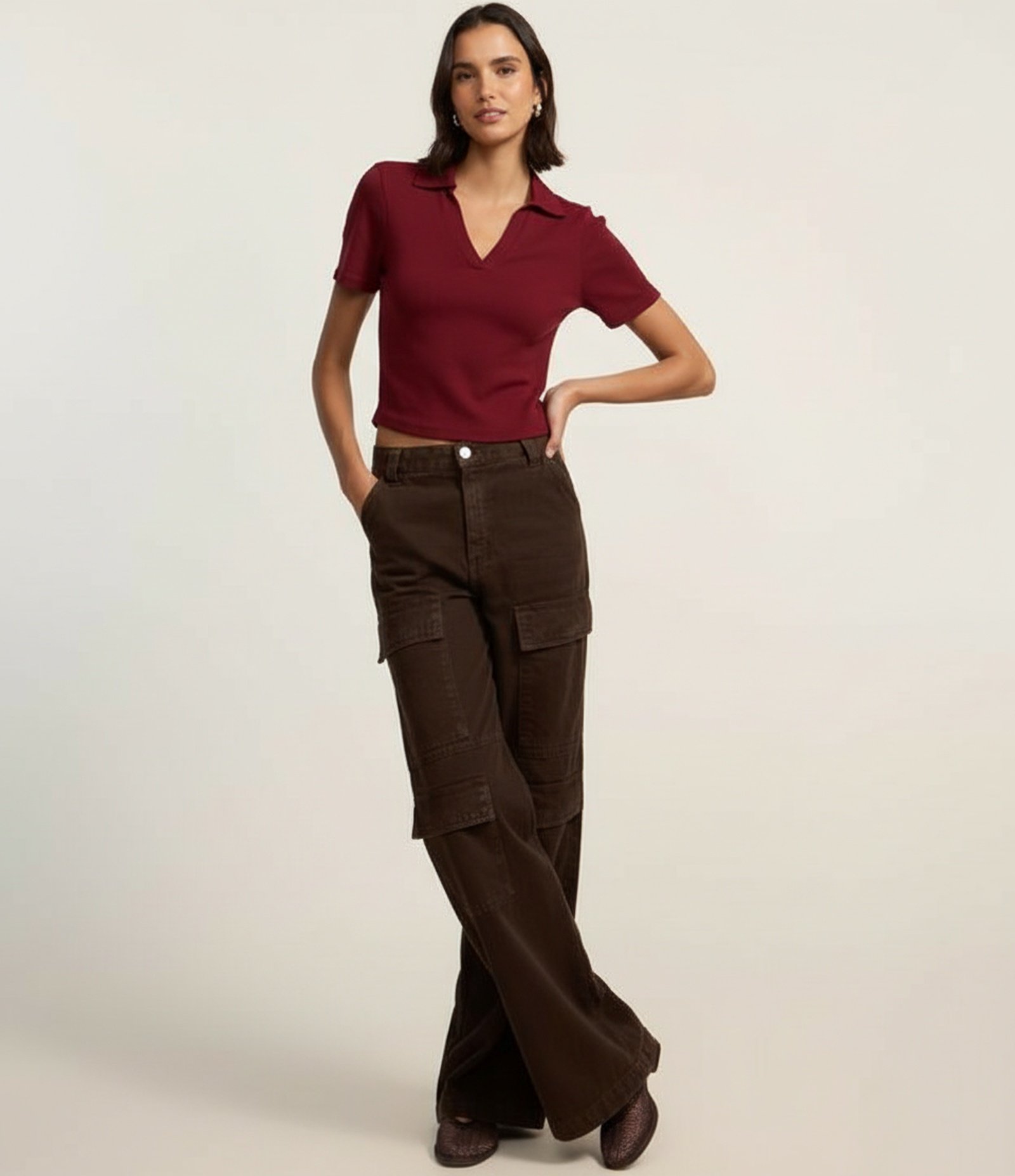 Blusa em Ribana com Gola Polo e Manga Curta Vinho 4