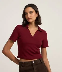 Blusa em Ribana com Gola Polo e Manga Curta