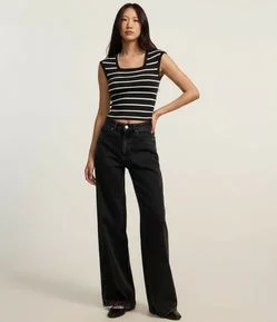 Blusa Listrada em Ribana com Decote Quadrado