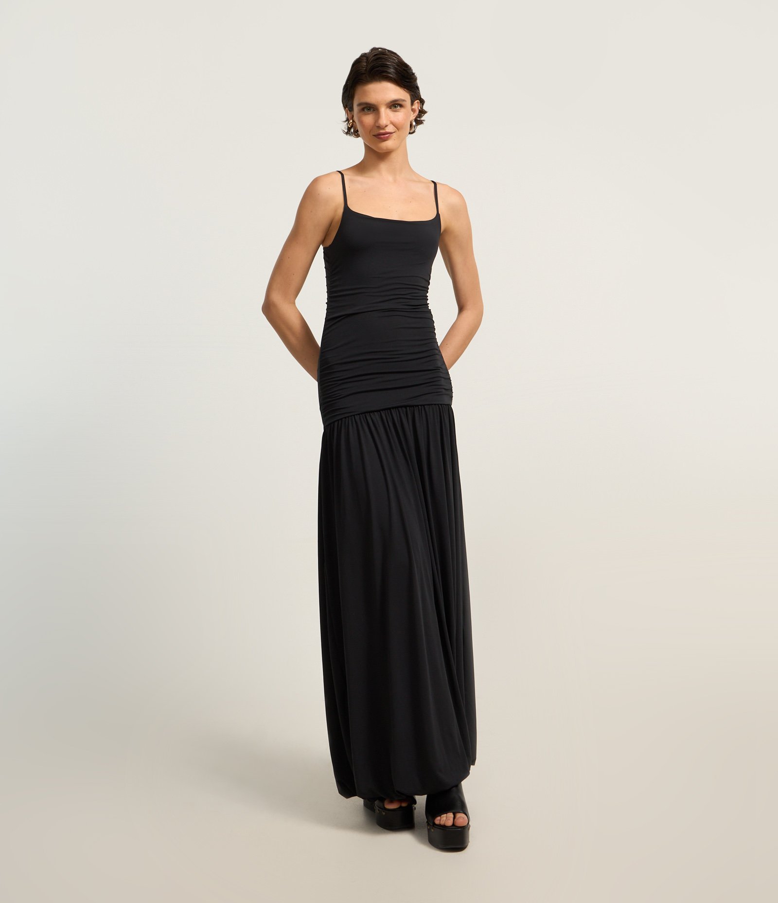 Vestido Longo em Helanca com Drapeado e Saia Sobreposta Preto 1