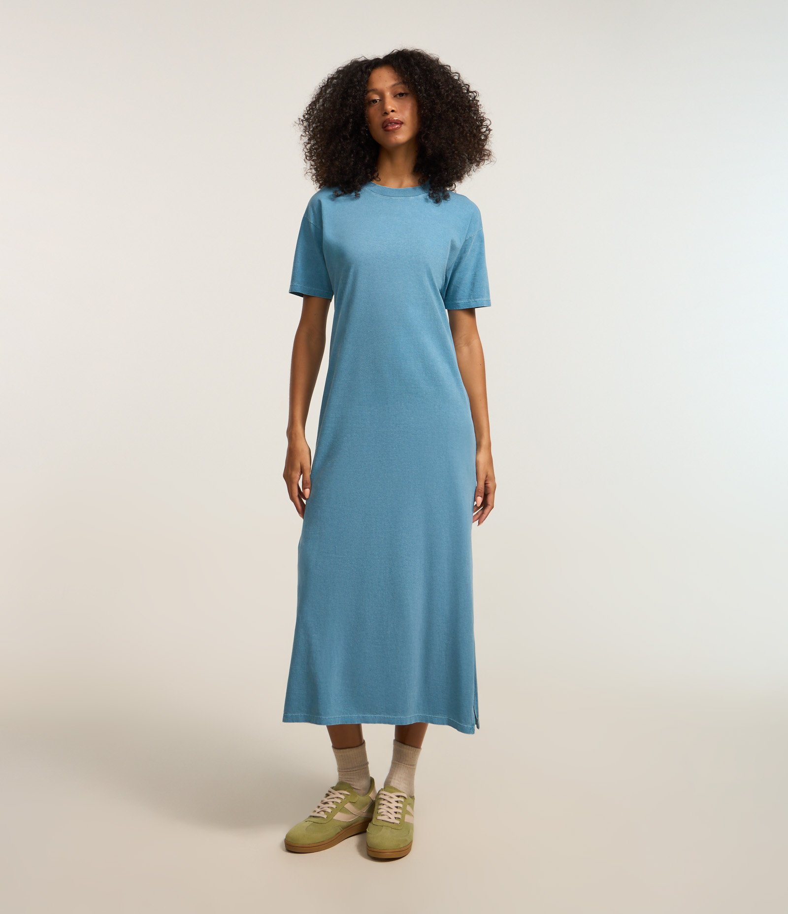 Vestido New Midi em Algodão com Fenda Lateral Azul 1