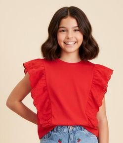 Blusa Infantil em Cotton com Babado Broderie - Tam 5 a 14 Anos
