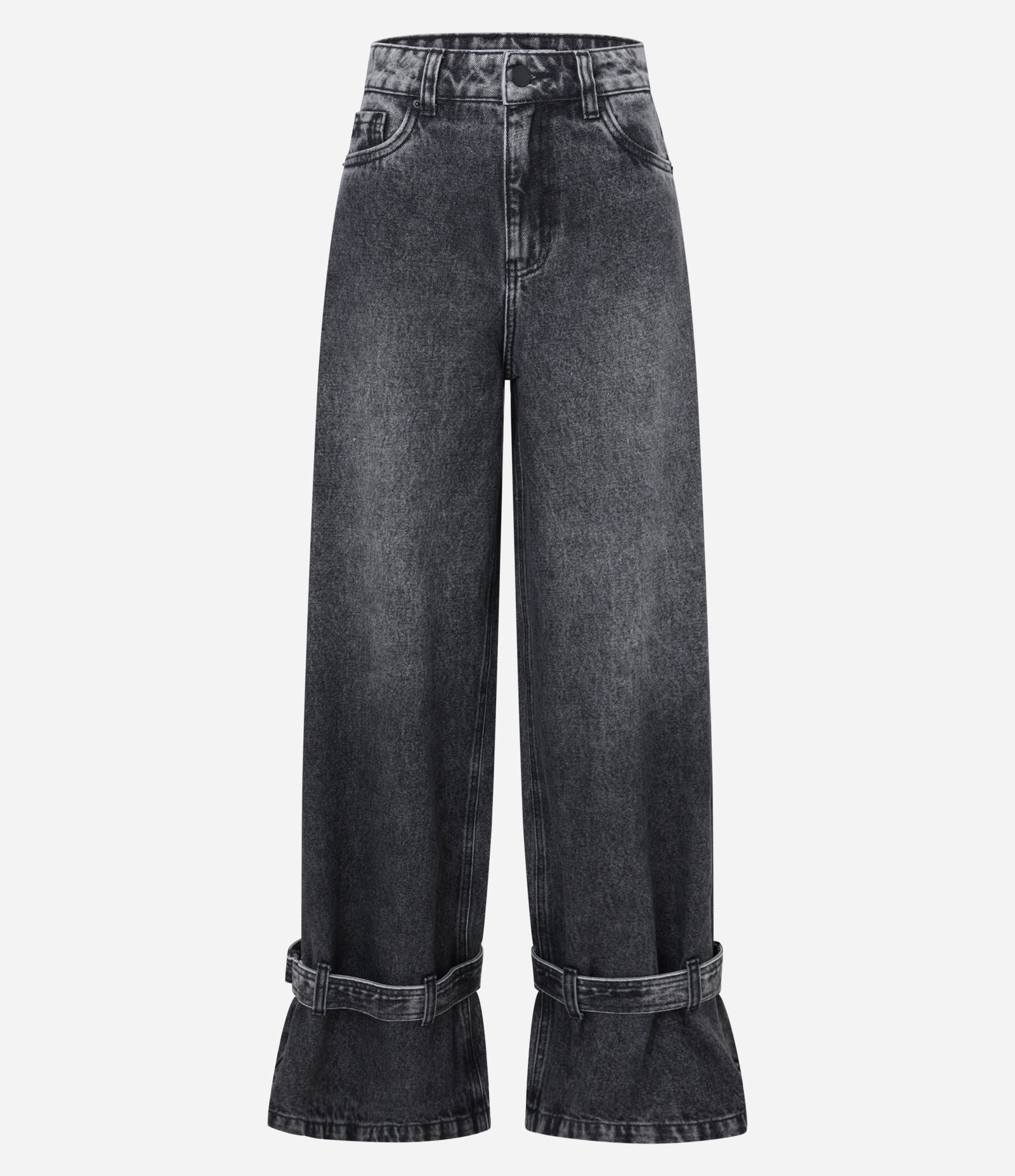 Calça Wide Leg em Jeans com Cinto na Barra e Cintura Baixa Preto 5