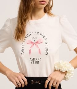 Camiseta Slim em Algodão com Manga Bufante e Estampa Laço L'Amour