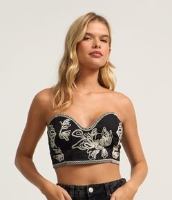 Blusa Cropped em Tricoline com Decote Profundo e Bordado Floral