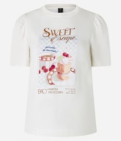 Camiseta Slim em Algodão com Manga Bufante e Estampa Refeição Sweet