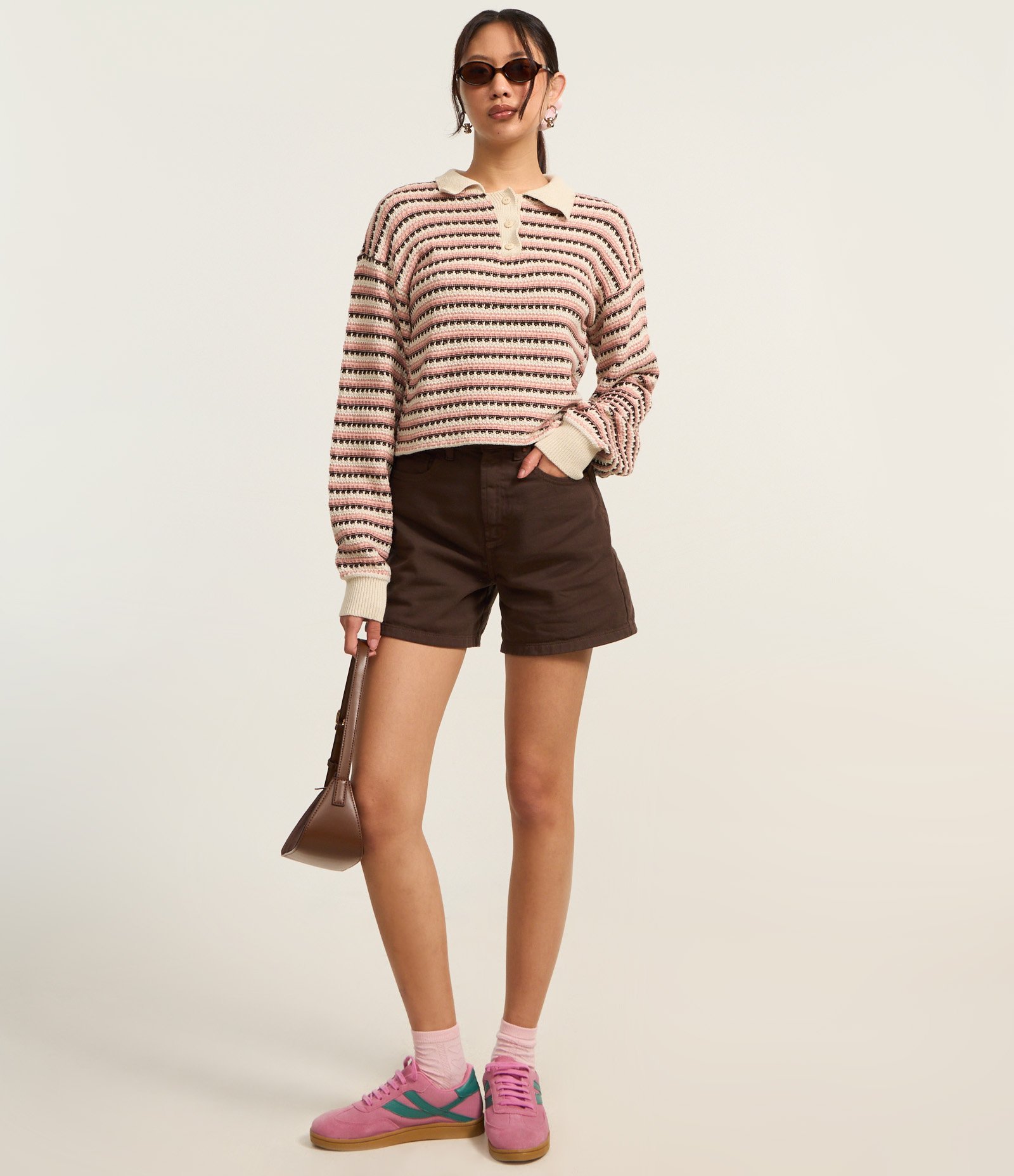 Blusa em Tricô Texturizado com Listras e Botões Rosa 2