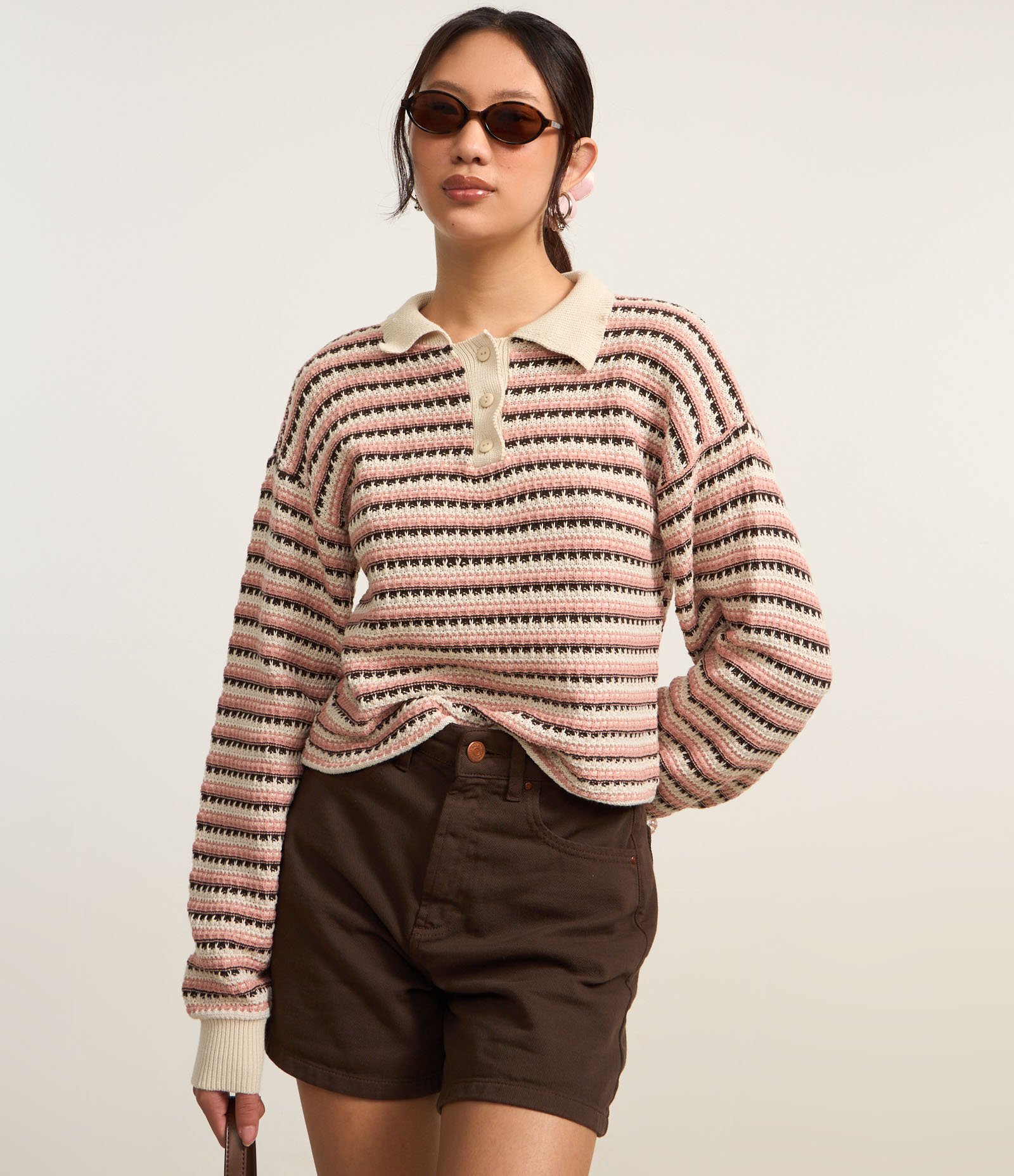 Blusa em Tricô Texturizado com Listras e Botões Rosa 3